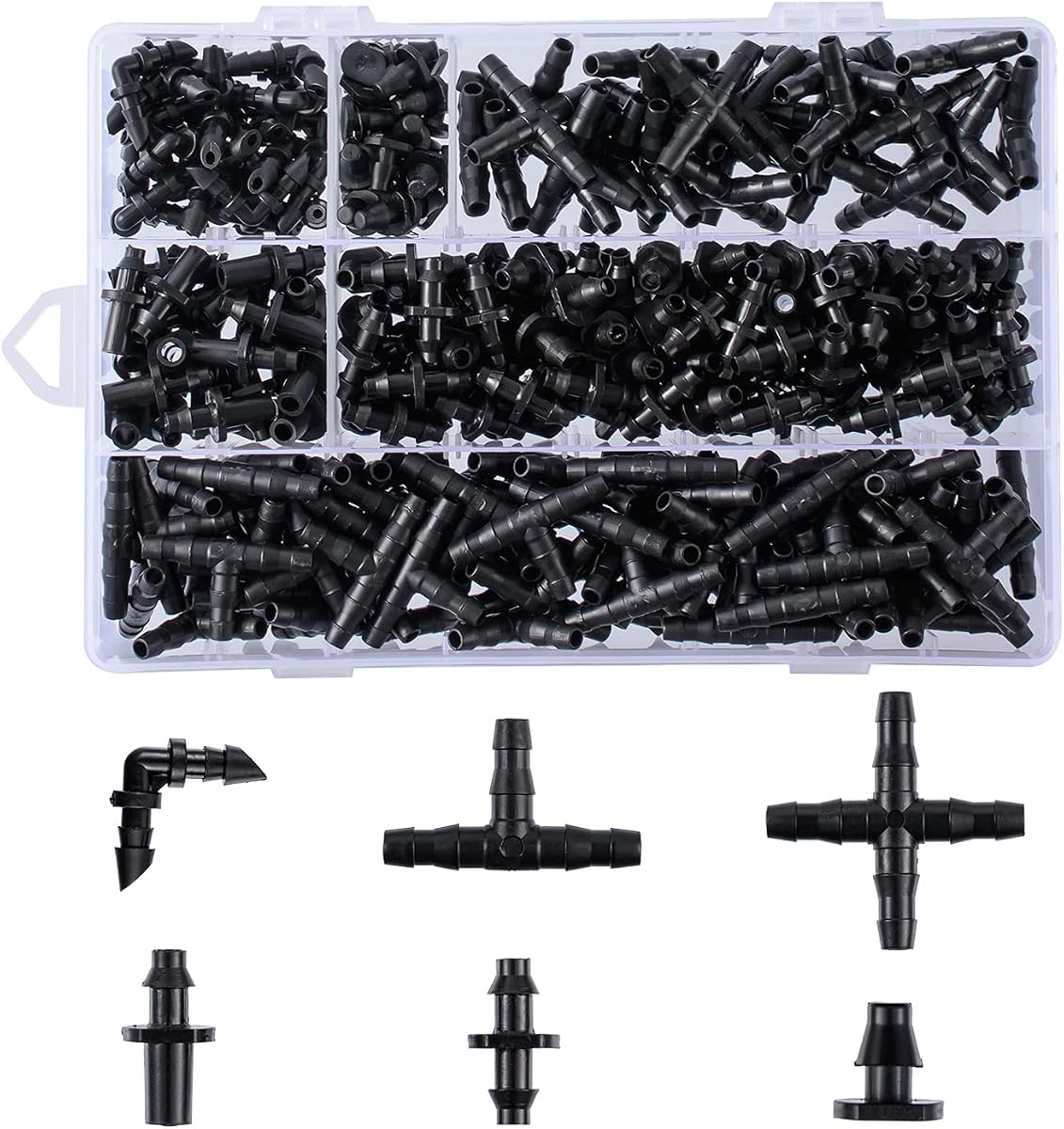 Kit de accesorios de riego con conectores de púas de 280 piezas, conectores de púas para riego por goteo, kit de accesorios de tubería de 1/4 pulgadas para macetas, césped de jardín (púas rectas, púas individuales, camisetas, codos, enchufe final, acoplamiento de 4 vías)