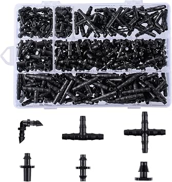 280 Pcs Barbed Connectors Irrigation Fittings Kit,Drip Irrigation Barbed Connectors 1/4''Tubing Fittings Kit for Flower Pot Garden LawnStraight Barbs,Single Barbs,Tees,Elbows,End Plug,4-Way Coupling