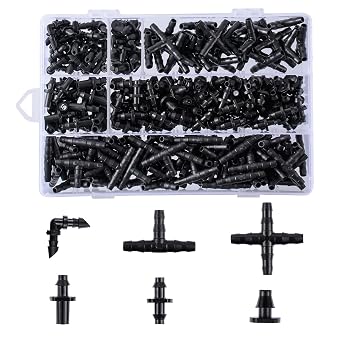 280 Pcs Barbed Connectors Irrigation Fittings Kit,Drip Irrigation Barbed Connectors 1/4Tubing Fittings Kit for Flower Pot Garden LawnStraight Barbs,Single Barbs,Tees,Elbows,End Plug,4-Way Coupling