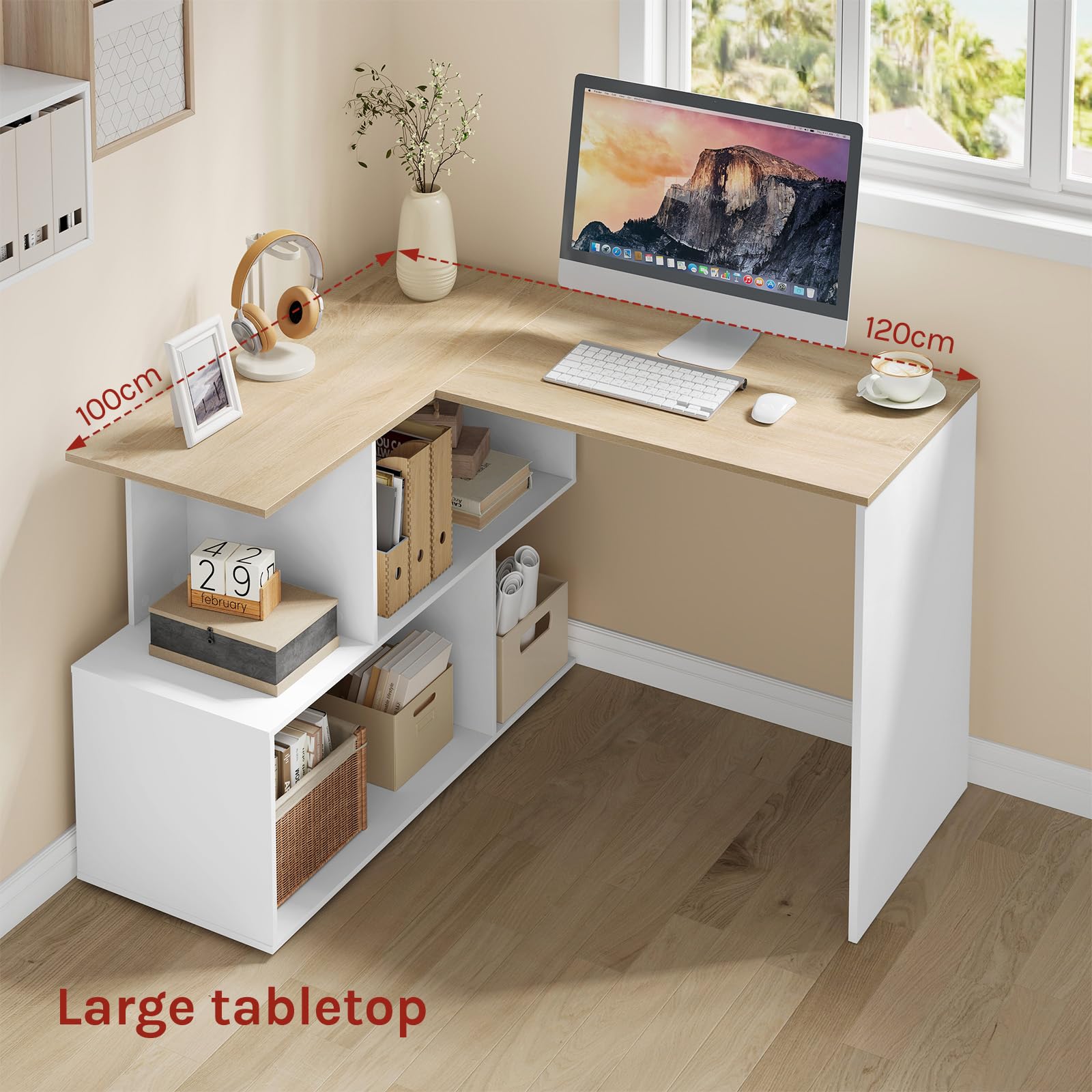 LIFEZEAL Bureau met opzetstuk, computertafel met planken, multifunctionele werktafel met boekenkast, houten bureaus, voor werkkamer en slaapkamer, 120 x 57 x 140 cm (natuur