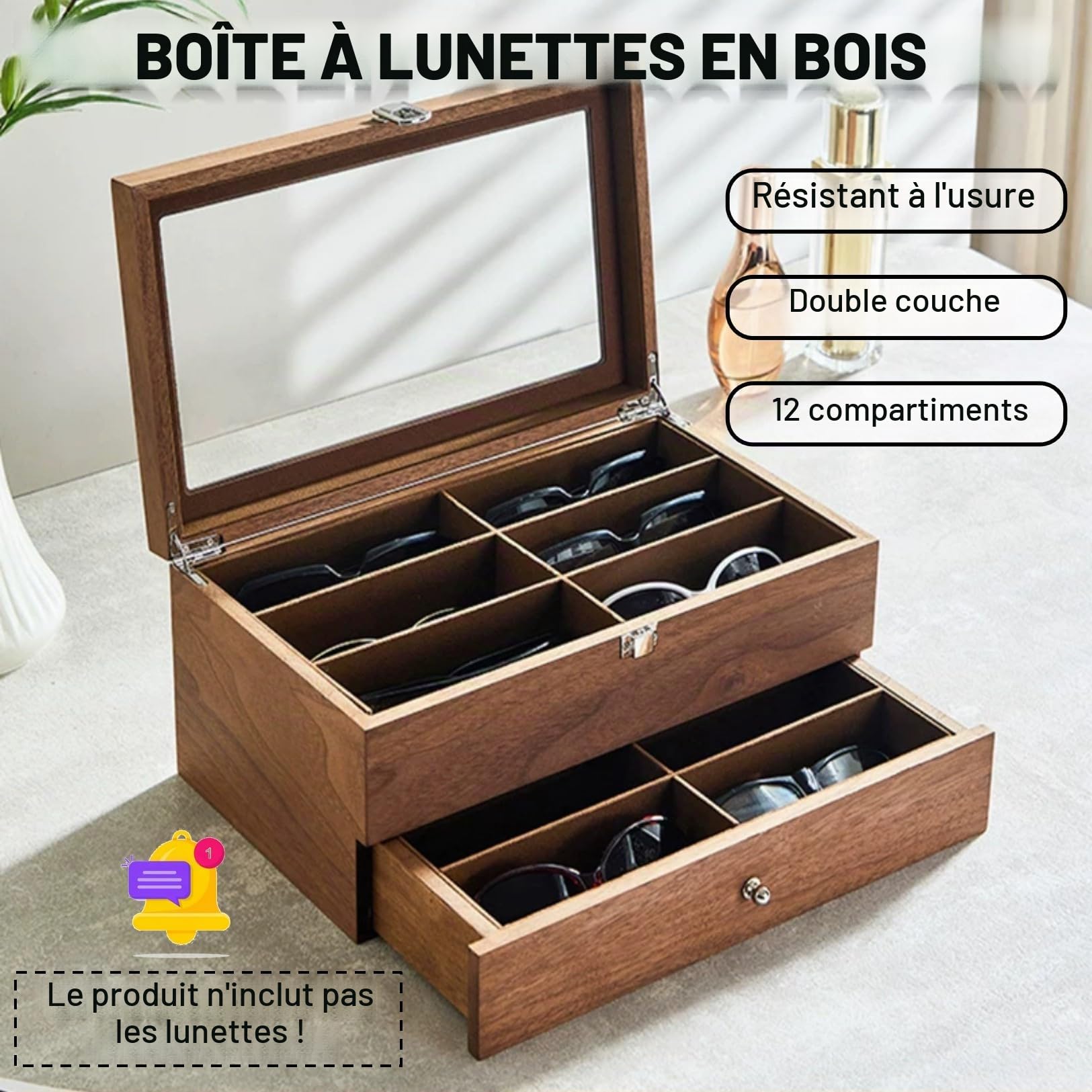 Boîte à Lunettes en Bois,12 Compartiments Rangement pour Lunettes et Lunettes de Soleil Couvercle en Verre Deux Couche Étui Lunettes Écrin à Accessoires 2 Niveaux Coffre de Rangement