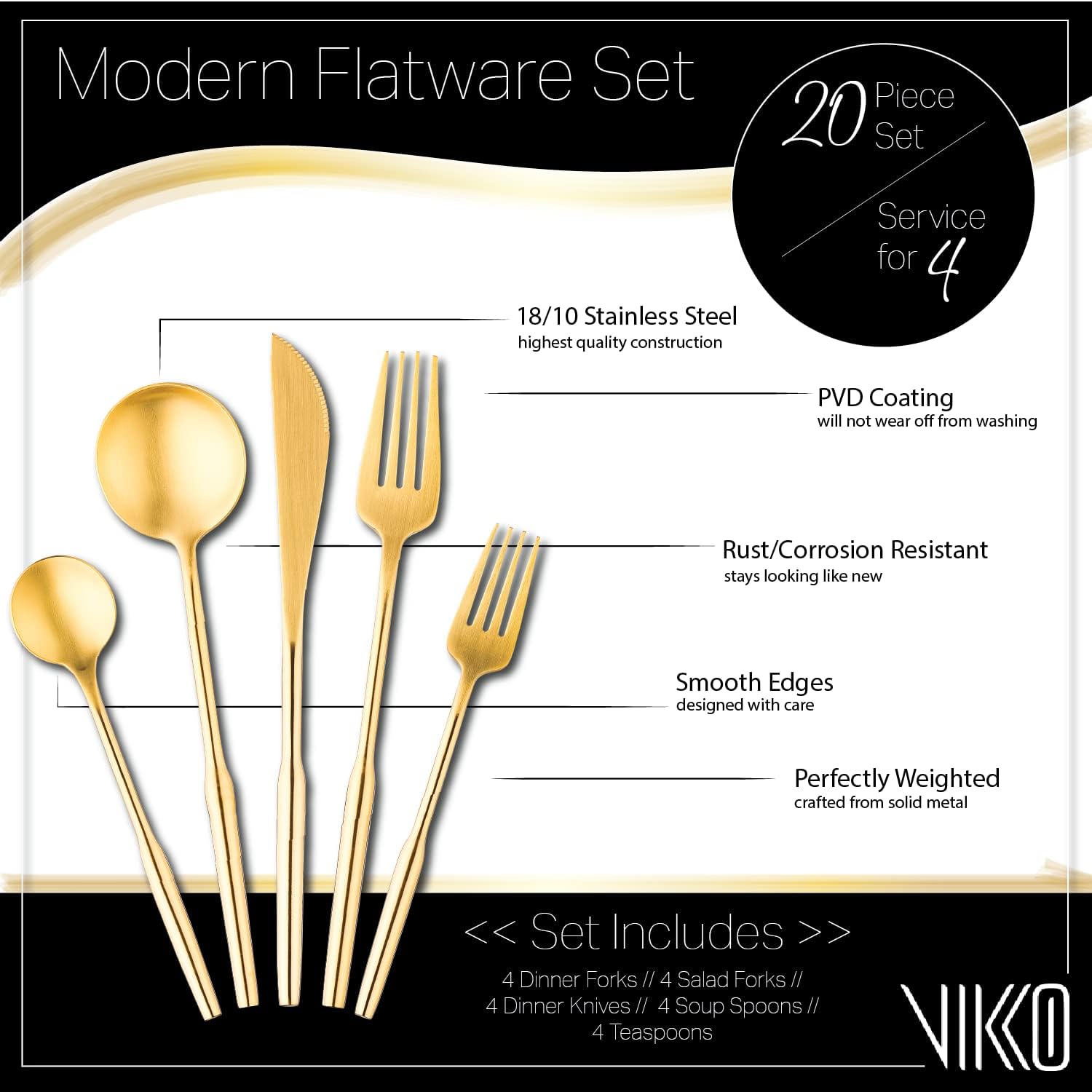 Vikko Modern Gold Silverware Set: Unique Brushed Gold Flatware Set - Satin Matte - 18/10 stainless steel flatware For Upscale Dining and Entertaining- 20 Piece Cutlery Set - Service for Four (4)