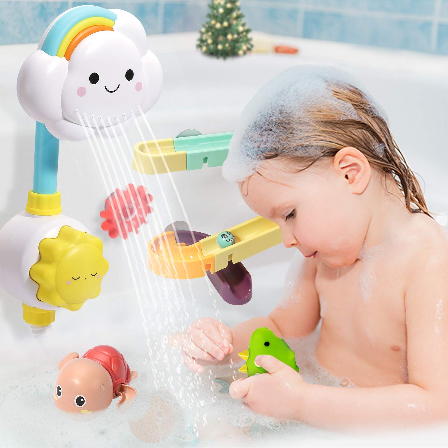 Juguete de bañera con ducha y juguetes flotantes, juego de pesca para niños pequeños y bebés 3