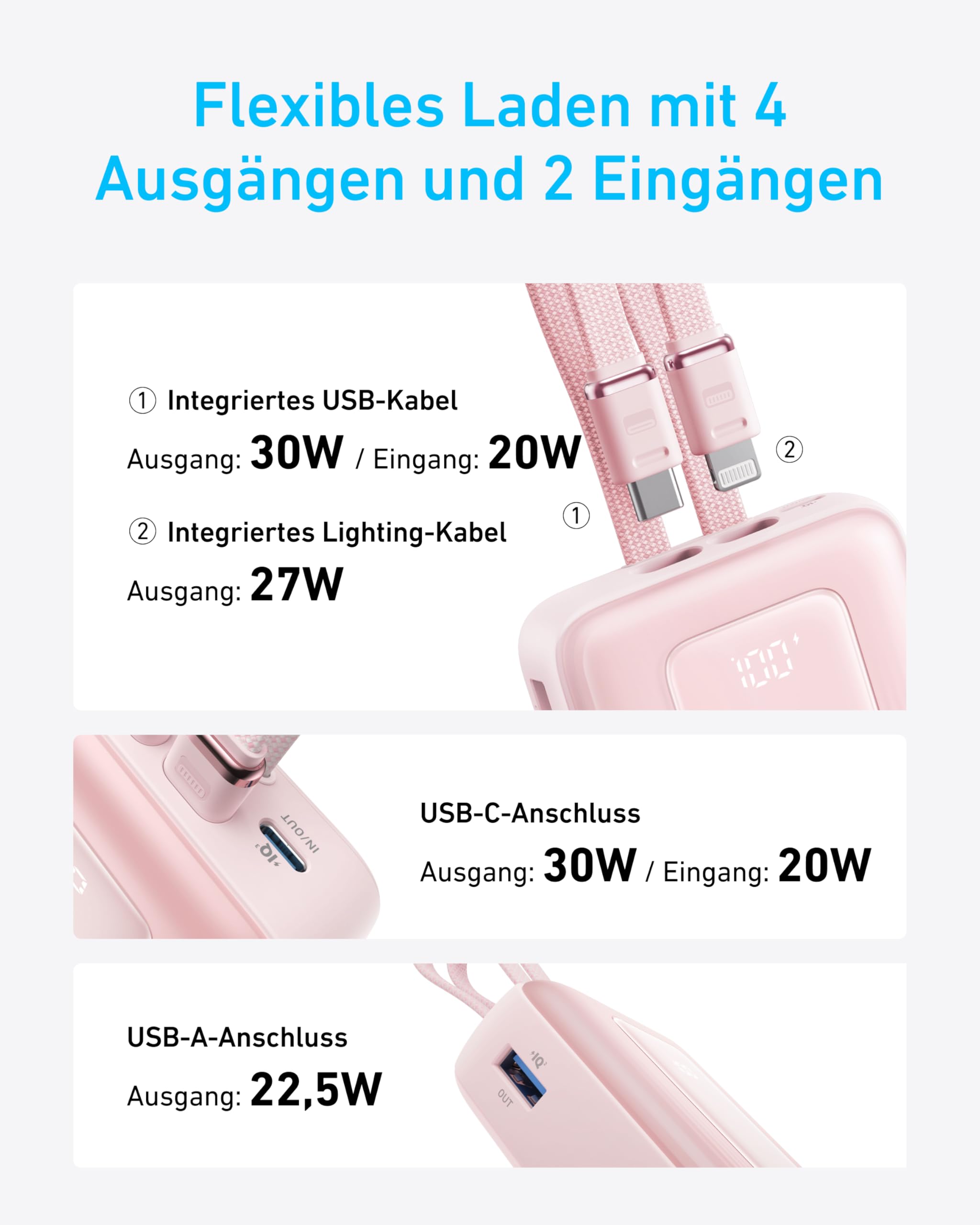 Anker Powerbank 20000mAh 30W Max, mit integriertem USB-C & Lightning-Kabel
