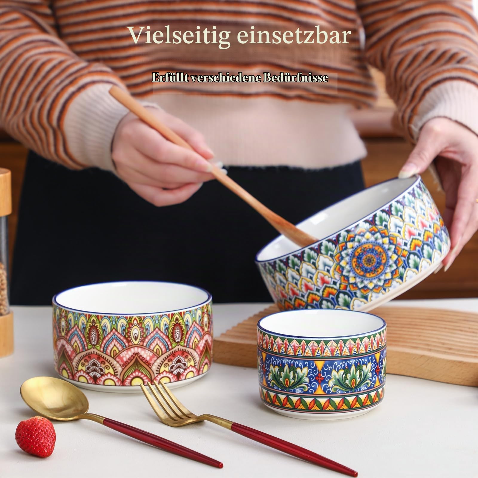 Henten Home Suppenschüssel Set 3er, Salatschüssel/Keramikschüssel mit Deckel - 330ml / 600ml / 950ml, Suppenschalen, Müslischale für Mittagessen, Picknick, Küche, Servierschalen