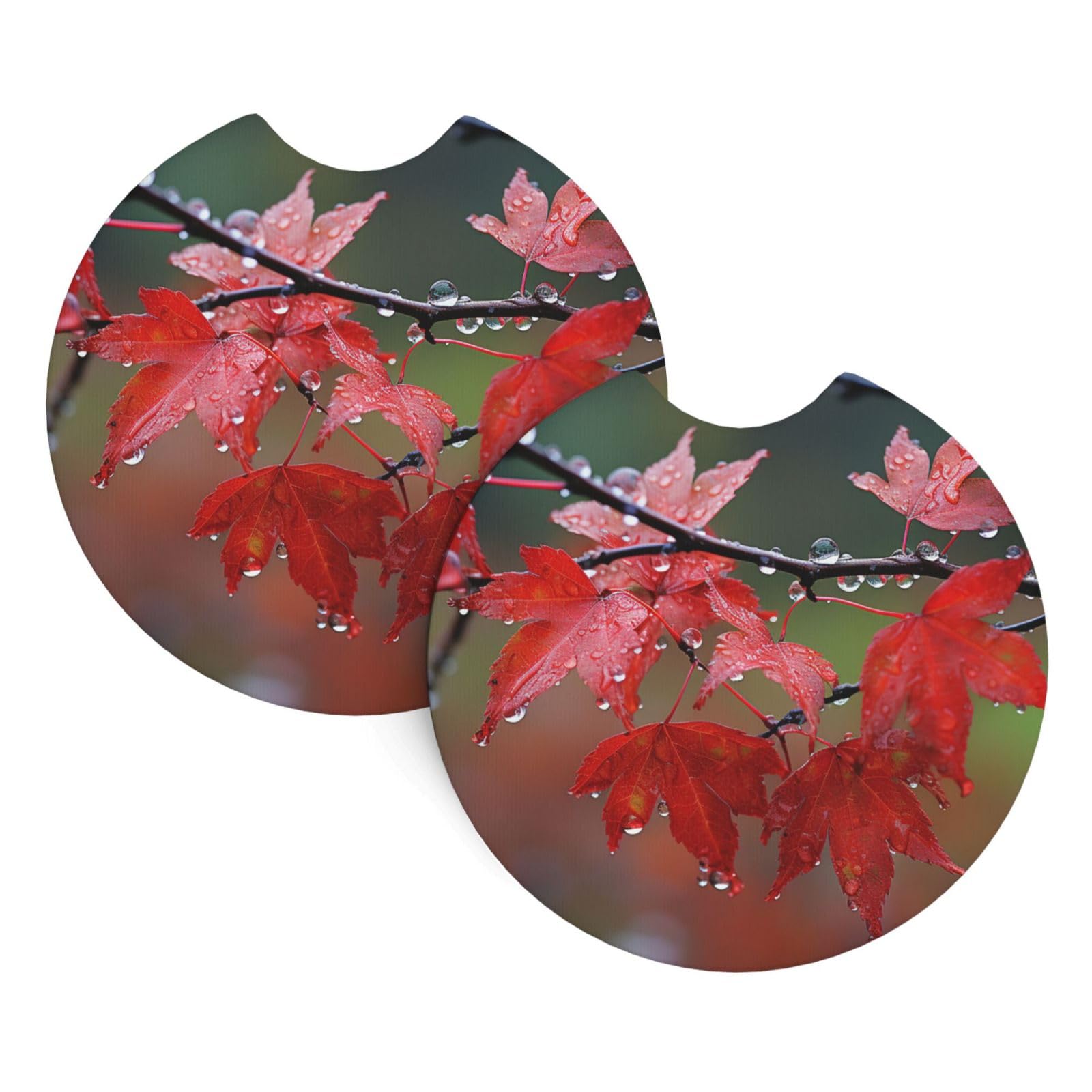 2PCS Car Coaster for Cup Holders Universal Auto Cup Mat Dew on Red Leaves Cup Coaster Pad 2.7" Waterproof Neoprene Non-Slip Cup Holder Coasters Car Interior Accessories for Women Men
