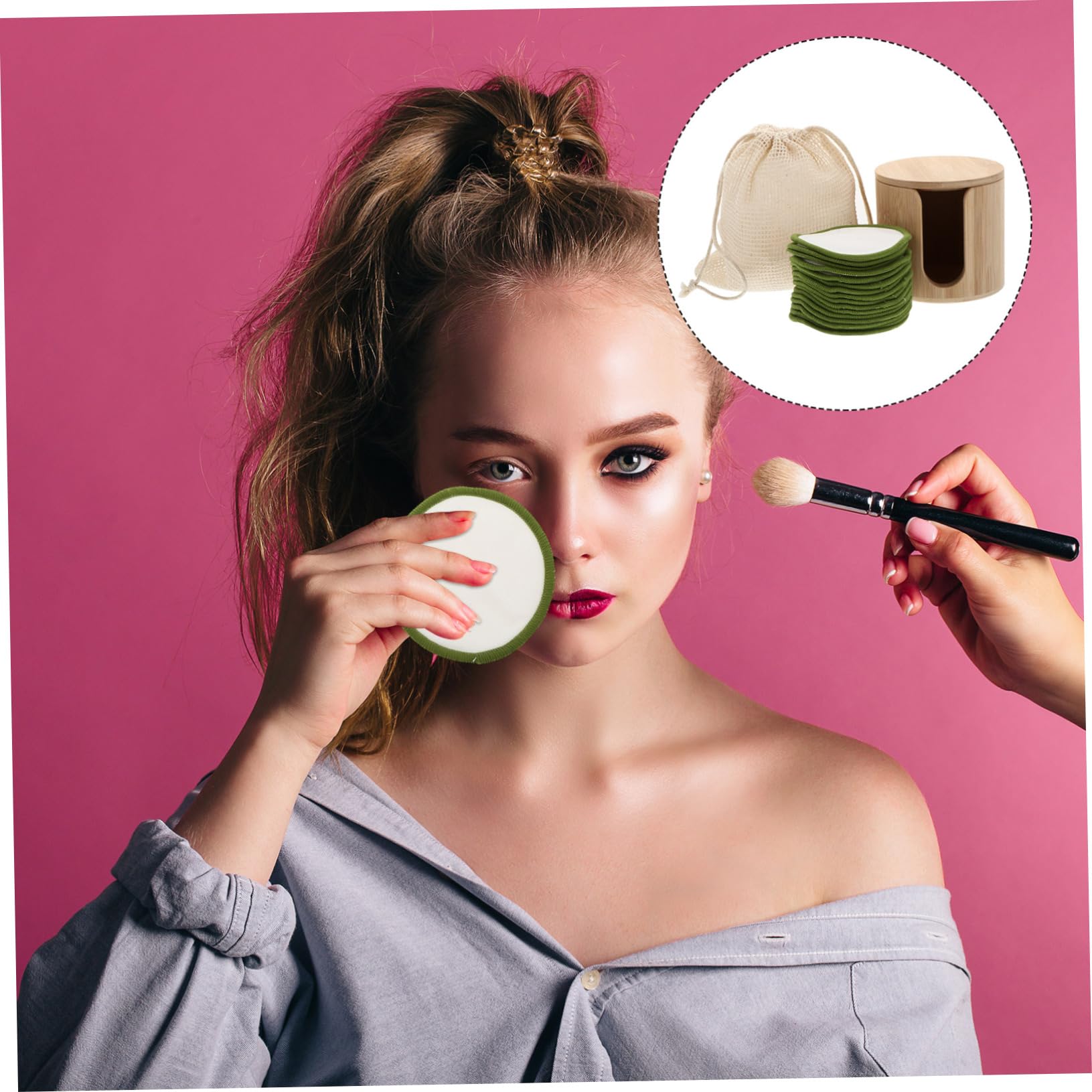 Wiederverwendbare Make Up Entferner Pads 1 Satz aus Bambusfaser | Grün, mit Aufbewahrungshalter und Tasche, für Haushalt und Camping, für Mädchen und Frauen
