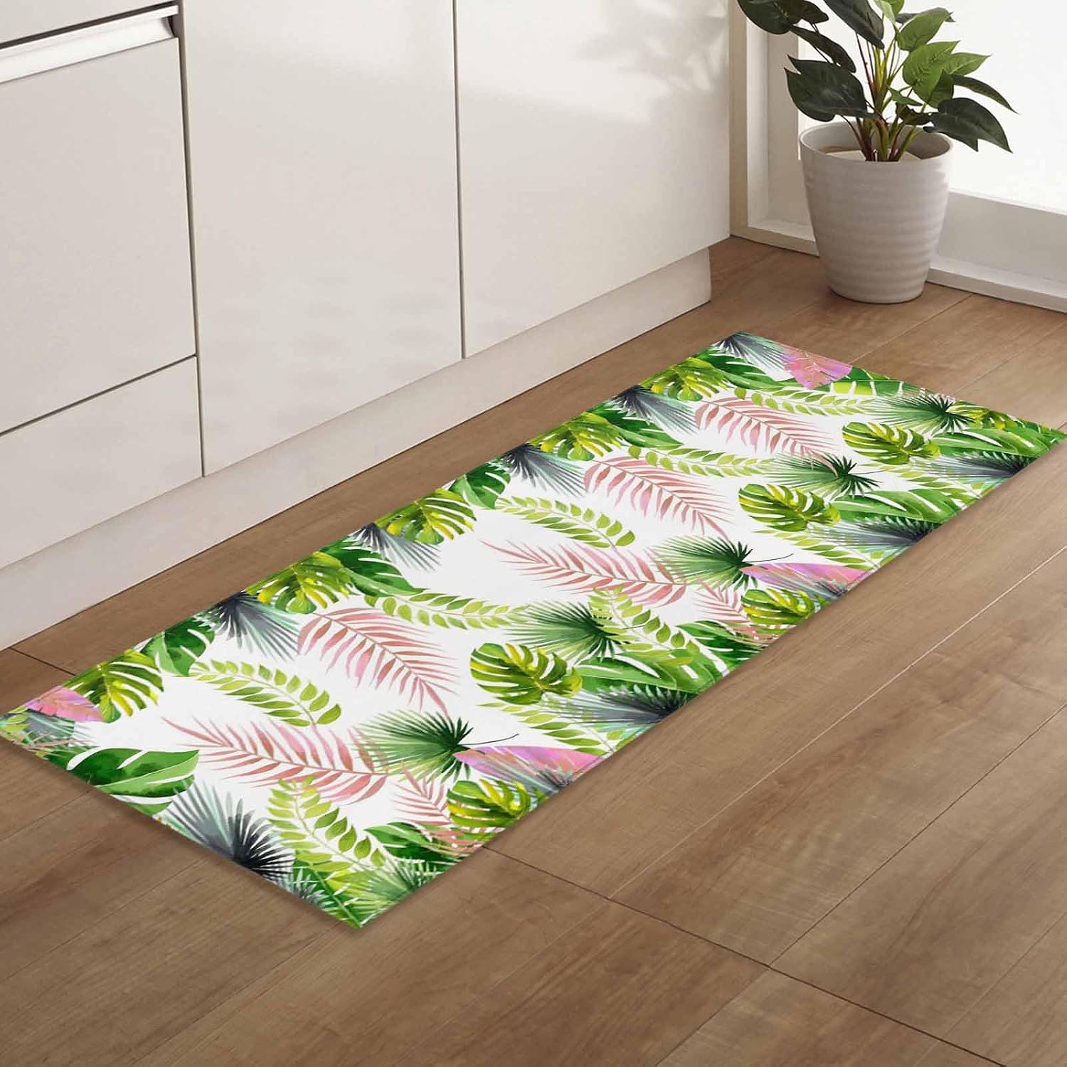 Teamery Kitchen Mats for Floor Watercolor Monstera Palm Leaves Washable Non Slip Kitchen Rugs 1PCS, Tropical Plant Green Pink Absorbent Standing Mats for Sink Bathroom Office Living Room 15.7x47.2in