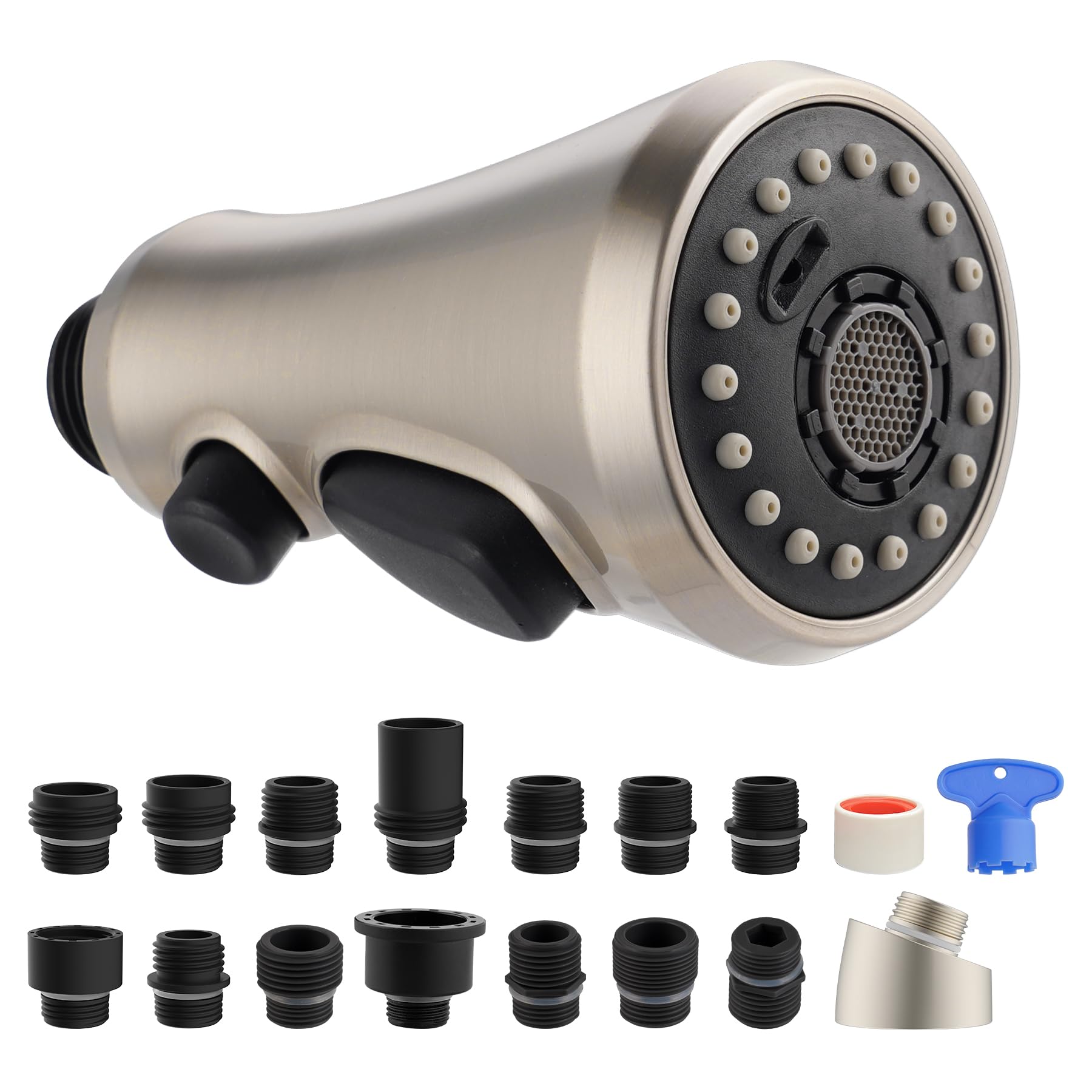Photo 1 of Hibbent Pull Down Kitchen Faucet Head Replacement, 3-Function Kitchen Faucet Head Sink Spray Nozzle with 15 Adapters Compatible with Moen, American Standard, Delta, Kohler Faucets, Brushed Nickel 1.8 Gallon Per Minute Brushed Nickel