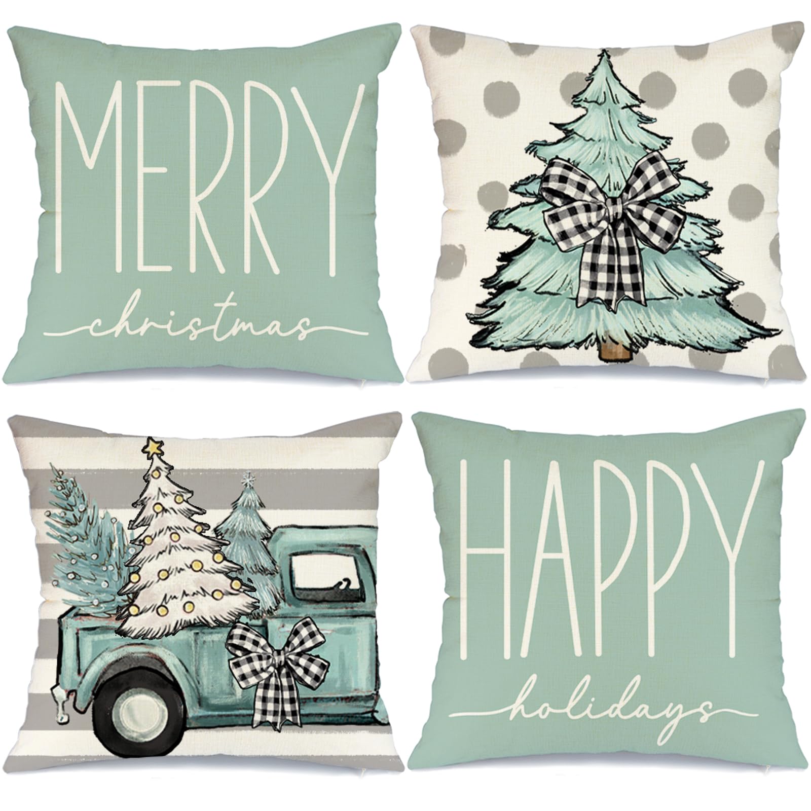 CROWNED BEAUTY Merry Christmas Throw Pillow Covers 18x18 Inch Set of 4, Truck Xmas Trees Happy Holidays Decorative Pillowcases for Home Outdoor (Green) CP064-18