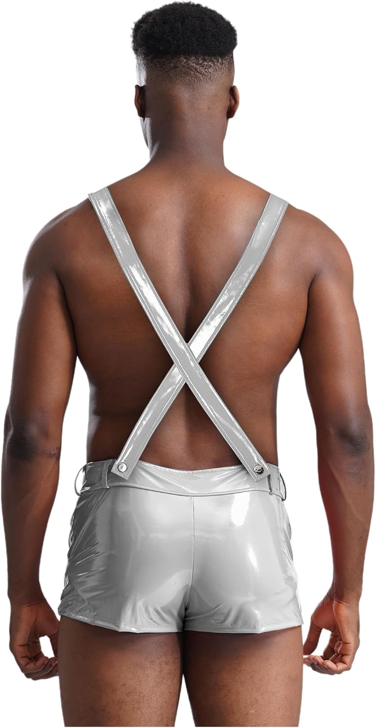 Linjinx Men's Shiny Metallic Boxer Shorts Overalls Bodysuits Sleeveless Leotard Nightclub Costumes