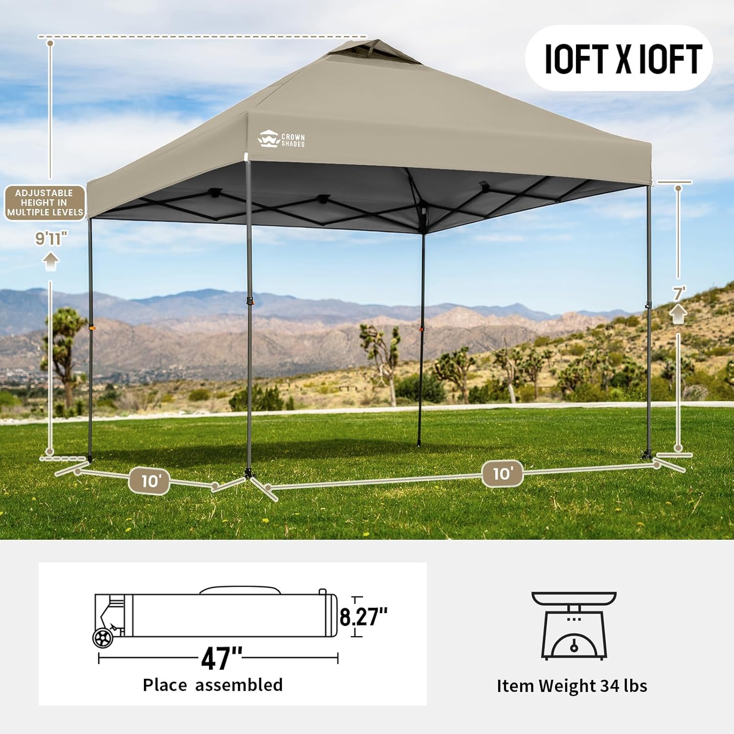 CROWN SHADES Adjustable Height on The Fly, 10x10 Pop Up Canopy - Beach Tent with One Push Setup - Easy Outdoor Sun Shade for Events, Parties, Camping - Outside Shade with STO-N-Go Bag, Khaki - Image 2