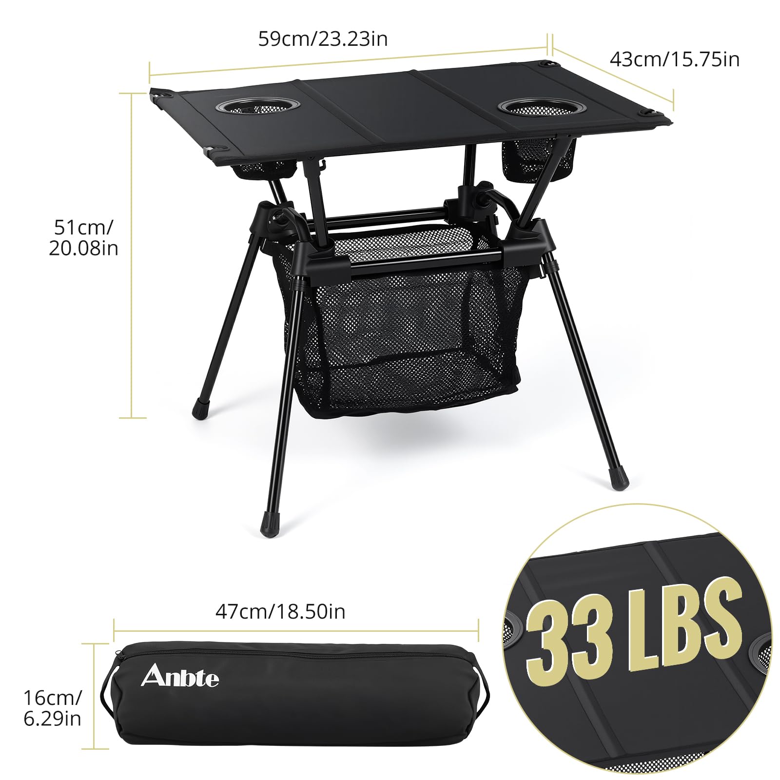 Anbte Tavolo Pieghevole Portatile per Viaggiare in Camper con Borsa di Trasporto, Piano in Tessuto, Gambe in Alluminio e Portabicchieri - Leggero per Campeggio/Esterno/Spiaggia