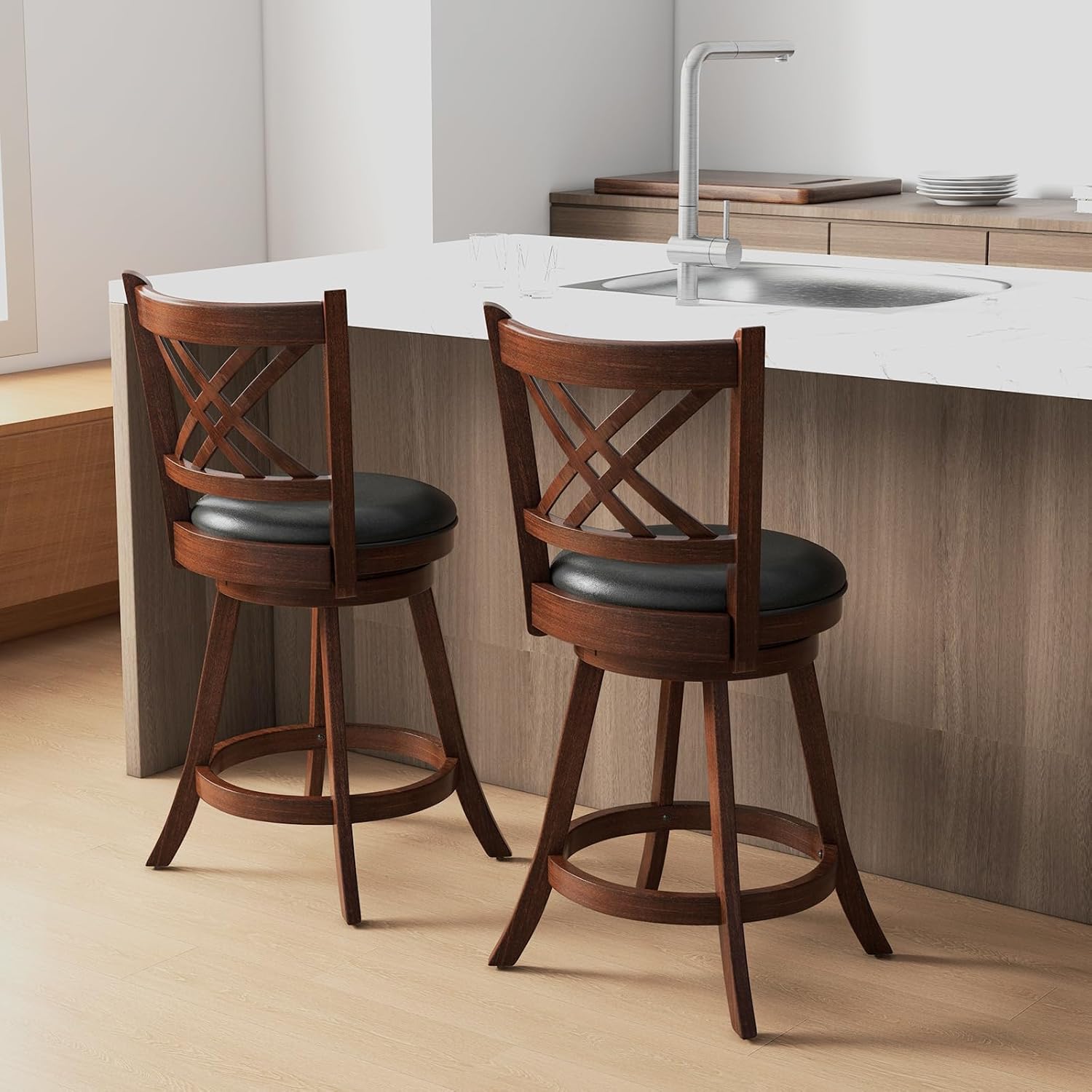 PJ Wood Taburete De Cocina Redondo Clásico De 24 Pulgadas De Alto Con Diseño Sin Espalda Y 4 Patas Cuadradas, Marrón Natural (paquete De 2