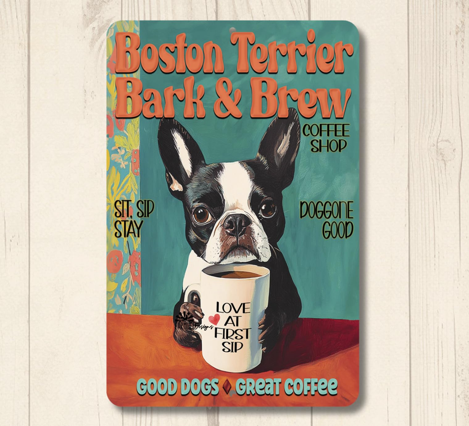 Boston Terrier Coffee Bar Sign Bark & Brew funny metal tin kitchen decor gift home decor