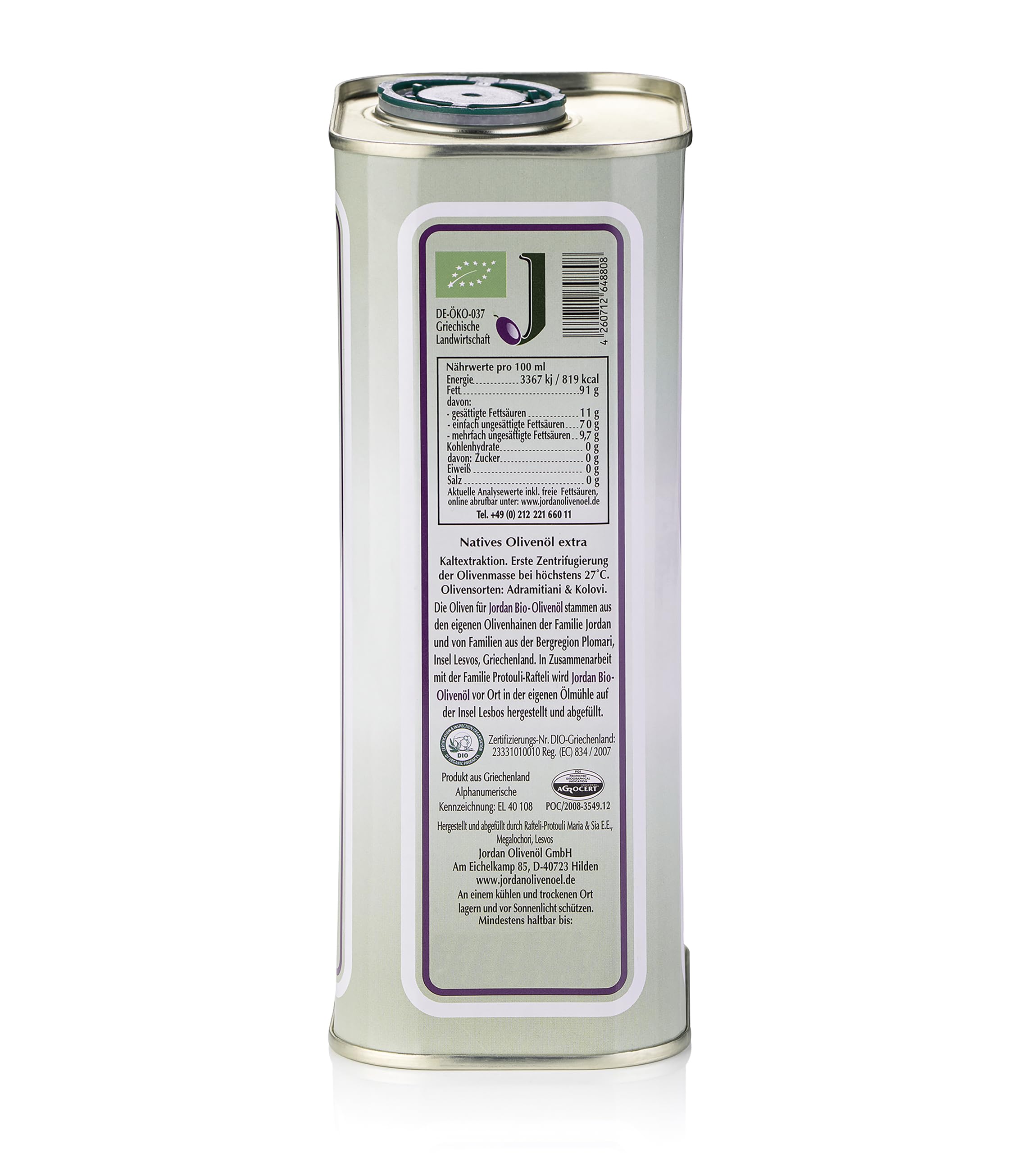 Jordan Olivenöl - griechisches Bio-Olivenöl von der Insel Lesbos - 1,0 Liter Kanister mit integriertem Ausgießer - GR-BIO-01