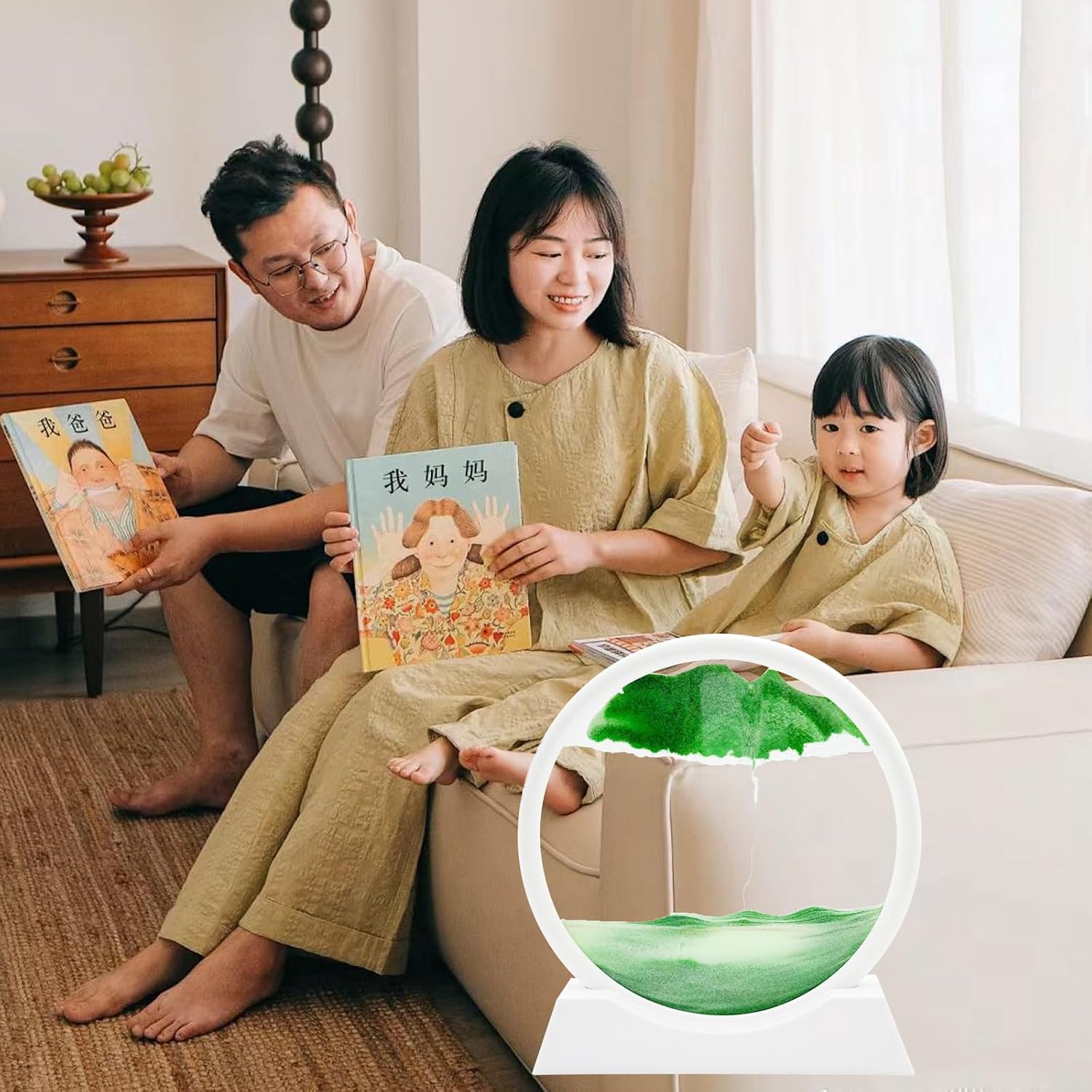 AzureLeap 3D Dynamic Sand Art Liquid Motion, Moving Sand Art Picture Round Glass 3D Deep Sea Sandscape in Motion Display Flowing Sand Frame Relaxing Desktop Home Office Work Decor (7 inch-Green)