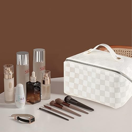 Miniatura 7 de Bolsa de maquillaje portátil que se abre plana para un fácil acceso, bolsa de cosméticos grande impermeable bolsa de aseo, Blanco, Moda retro