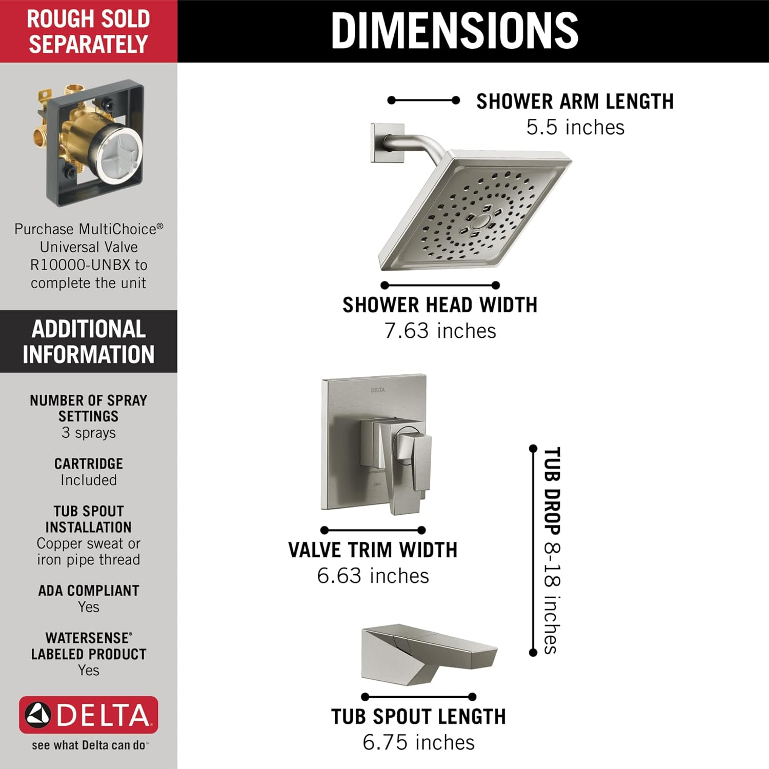 Delta Faucet T17443-SS-PR Trillian Tub/Shower, Dual-Handle, Stainless