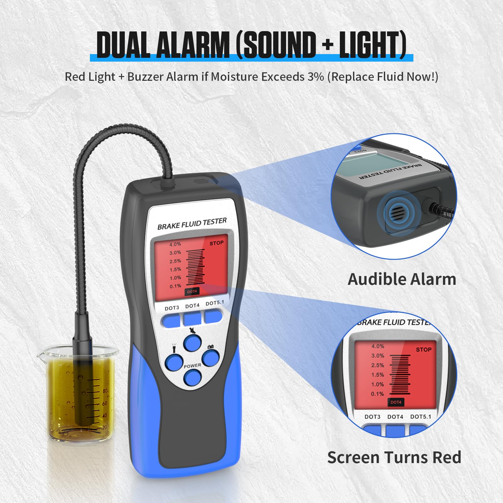 BELEY Testeur de liquide de frein automobile F60 - Testeur de liquide de frein numérique pour DOT3 DOT4 DOT5.1 avec écran LCD de 2,8" et sonde de haute précision