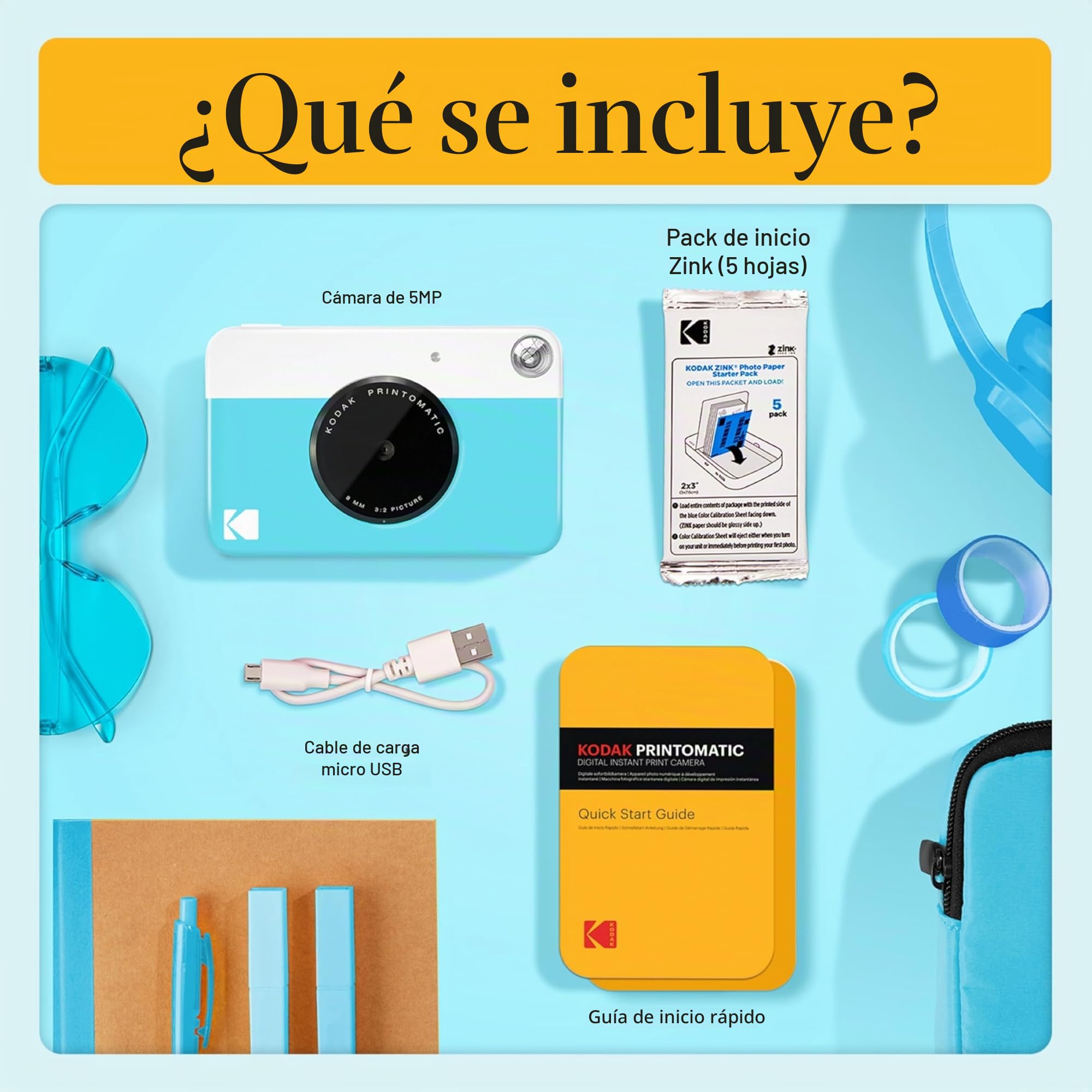 Kodak Printomatic Paquete básico de cámara con impresión instantánea a Todo Color + Estuche Blando + Paquete de 20 Papeles fotográficos Zink - Fotos Coloridas en Papel Adhesivo de 2 x 3 - Azul