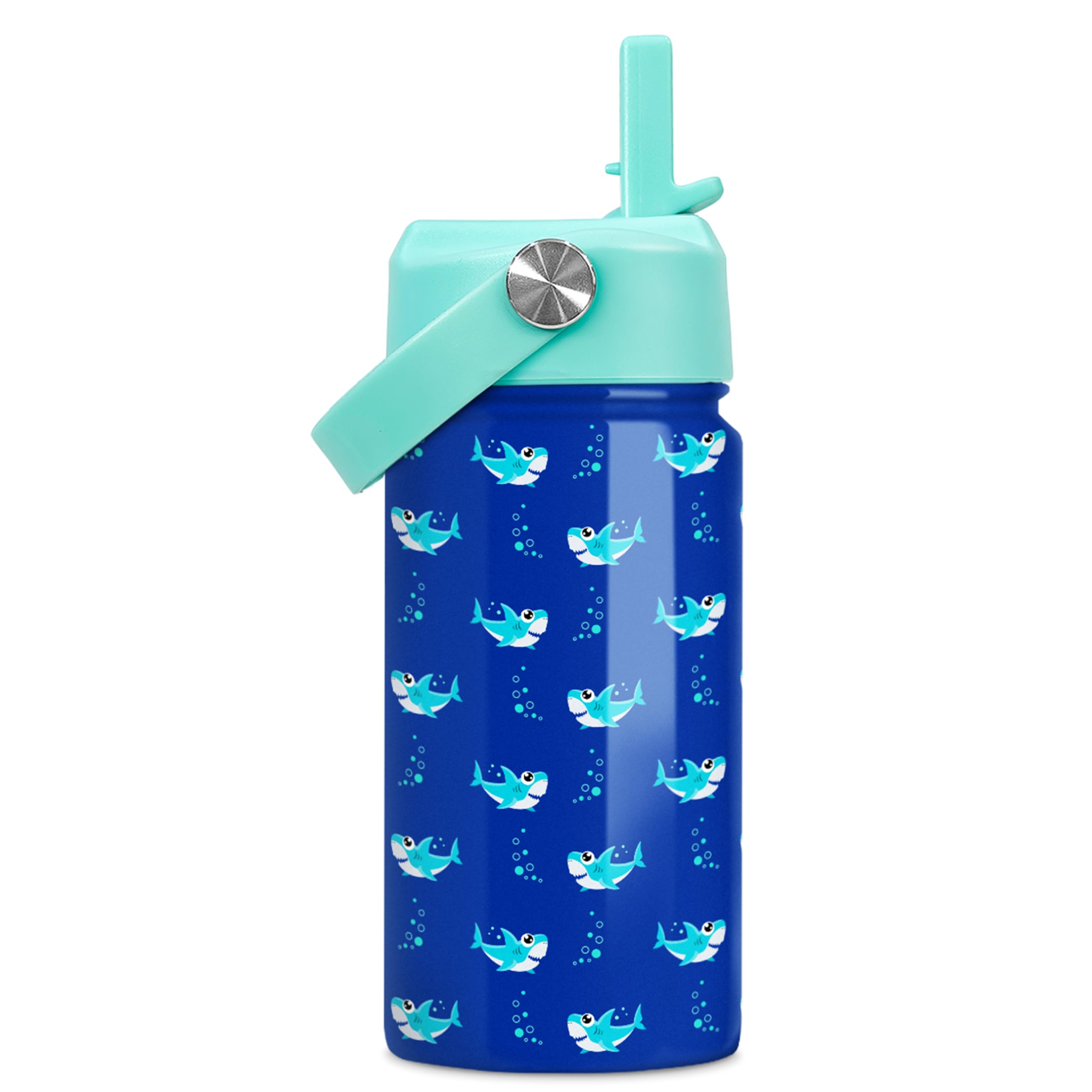 SANDJEST Shark Water Bottle - Kids Water Bottle with Straw Lid - 12 Oz Insulated Stainless Steel Water Bottles for Kid Boy- Travel Cup for School Sports