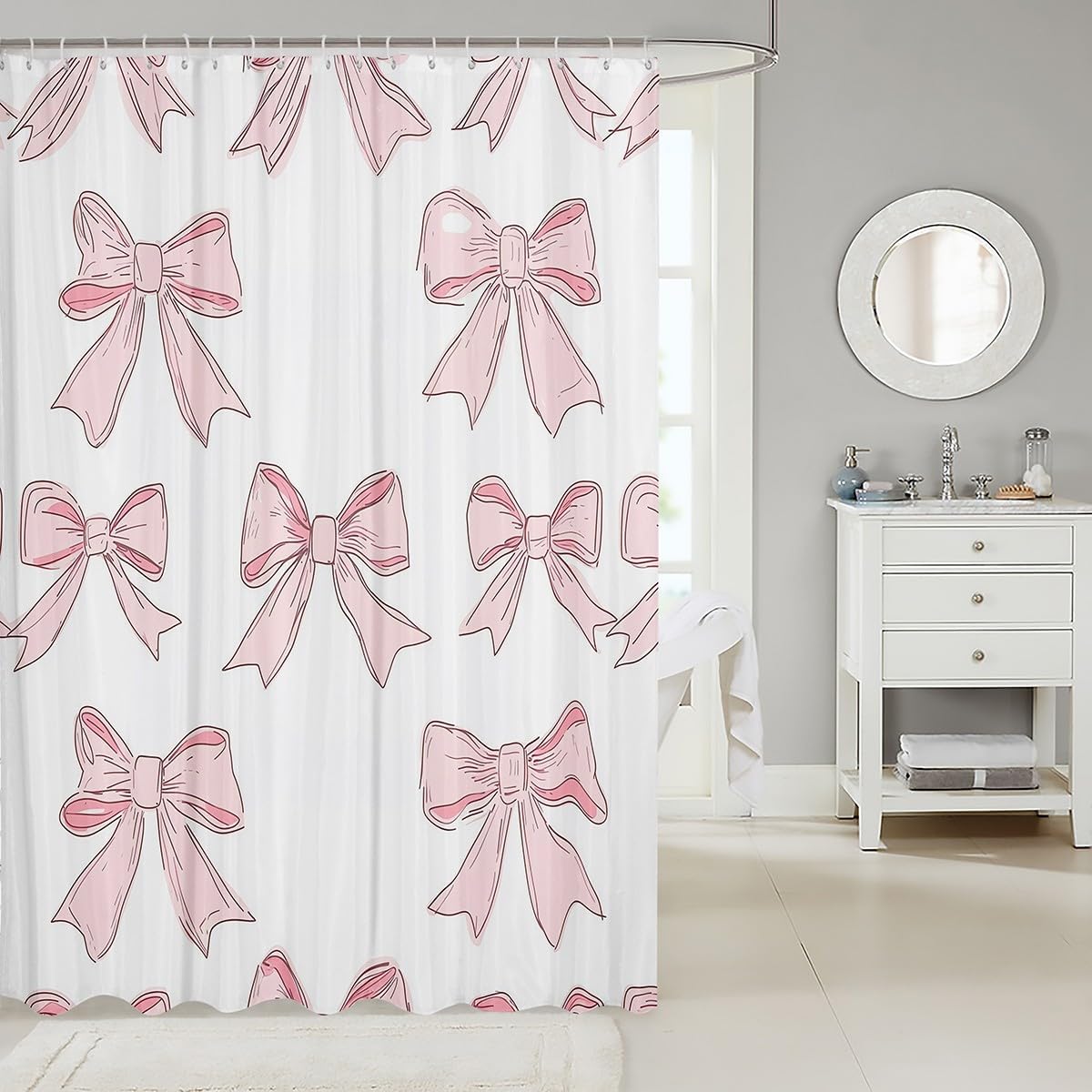 Feelyou Bowknot Bathroom Waterproof Accessories with 12 Hooks Cute Pink Bow Fabric Shower Curtain for Kids Boys Girls Romantic Princess Style Shower Curtain Light Pink White Curtains,72x84 Inches