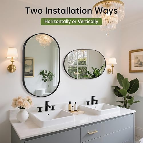 Miniatura 5 de FARMER Espejo ovalado negro, espejo ovalado de baño de 24 x 36 pulgadas, espejo de pared con marco de metal, espejo negro, espejo de tocador de baño