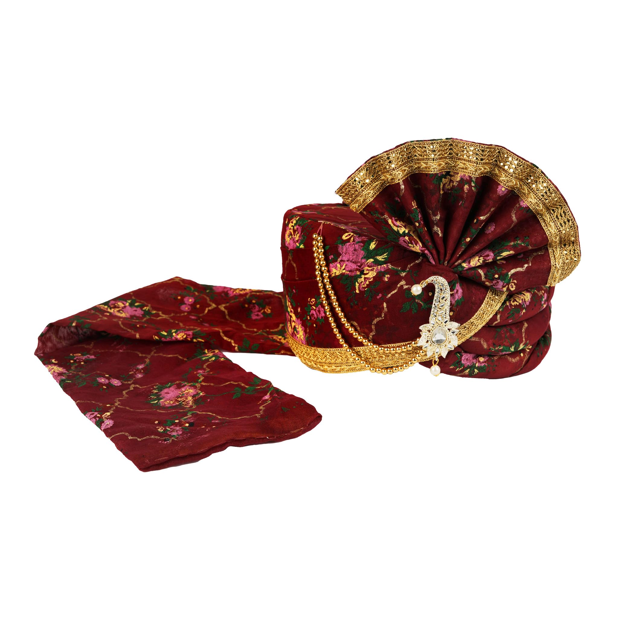 Men's Traditional Wedding Collection Flower Print Dulha Safa (Pheta/Pagdi/Turban) For Wedding And Ethnic Cultural Function Use (Maroon, Free Size, Velcro Adjustable)-image-5