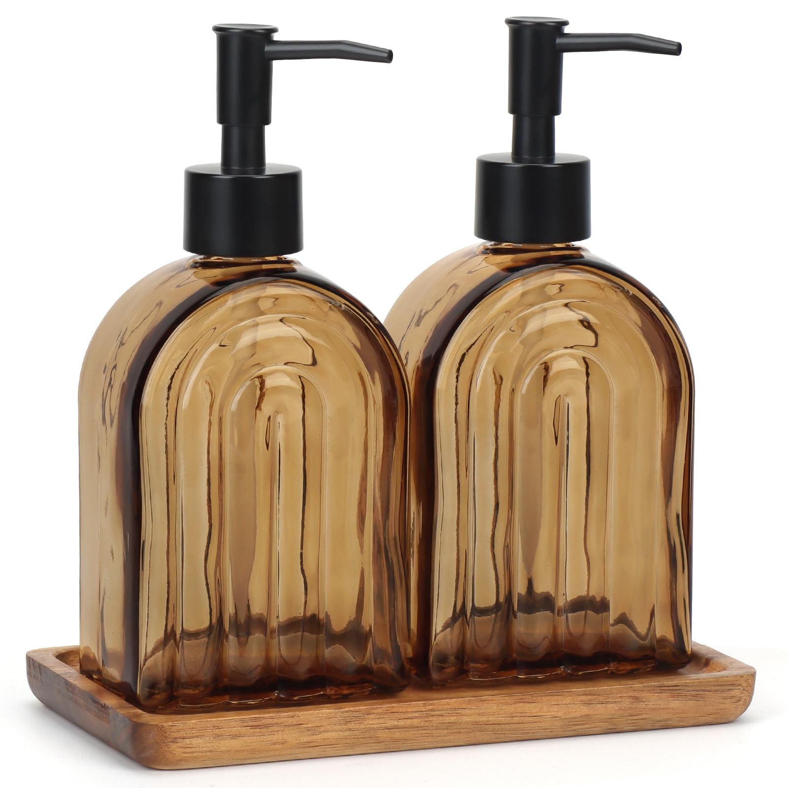 2 Pack Arch Glass Soap Dispenser with Plastic Pump, 13OZ Liquid Hand Soap Dispenser with Cassia Wood Tray, Rustproof Pump for Kitchen & Bathroom, Great for Lotions, Essential Oil, Liquid Soaps,Amber