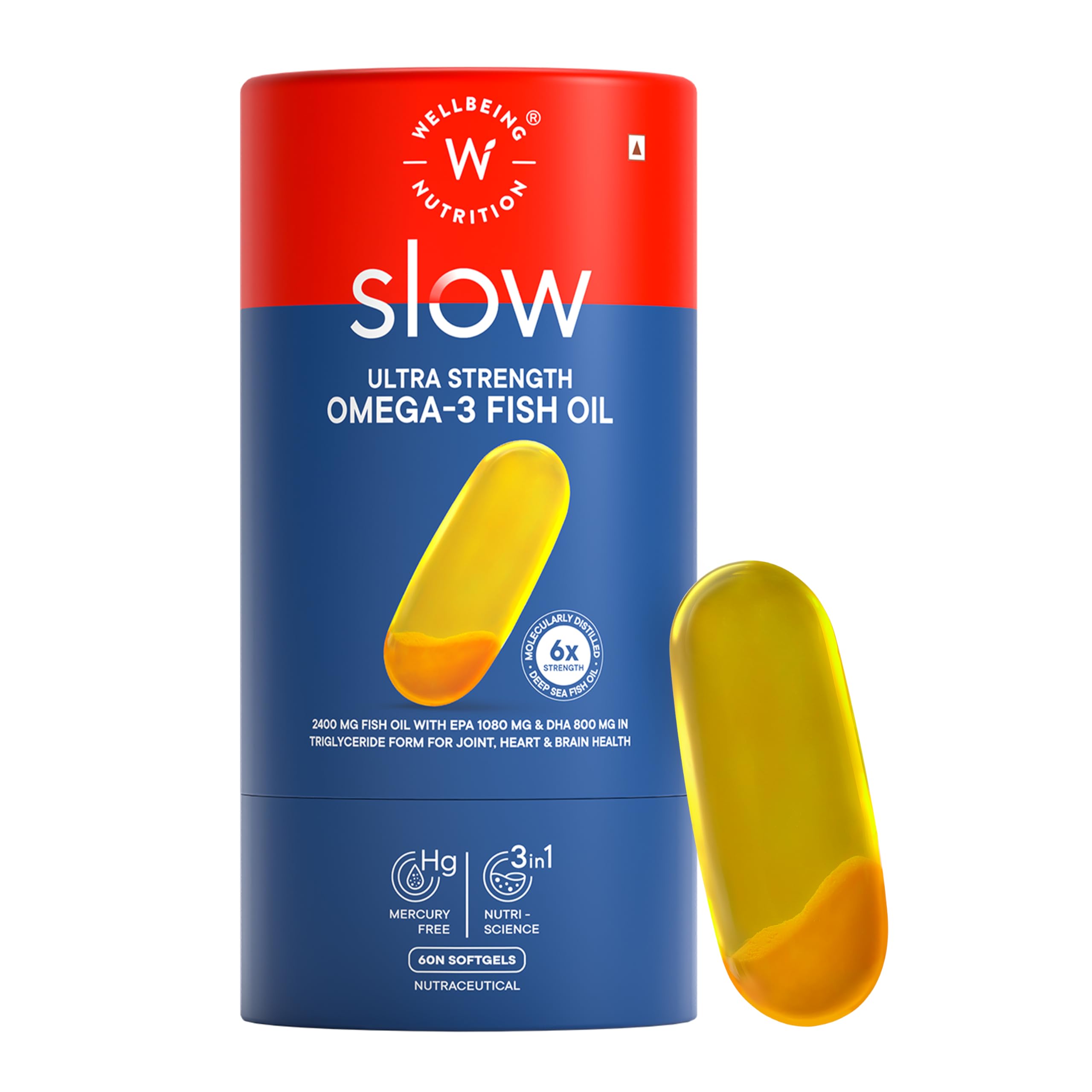 Wellbeing Nutrition Slow 6X Strength Omega 3 Fish Oil Capsules | 2400mg with 1080mg EPA and 800mg DHA & Curcumin | Supports Heart, Brain & Joint Health| 60 Softgel