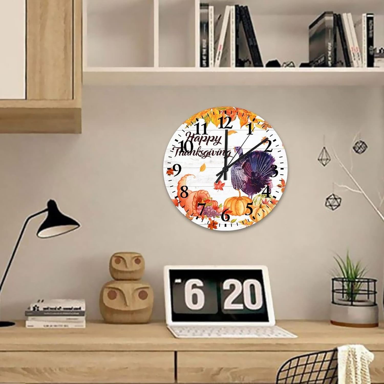Wooden Clock Happy Thanksgiving Day Funny Turkey with Pumpkins Maple Leaves Table Clock Battery Operated Silent Non-Ticking Autumn Thanksgiving Day Round Clock for Dining Room Decor 12 Inch