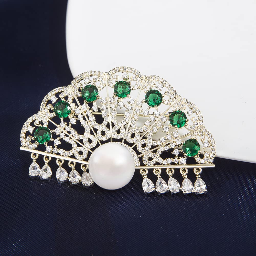 Broches para Mujer, Estilo clásico de Abanico, con circonita cúbica y Perla. Broche de Solapa de Seguridad.