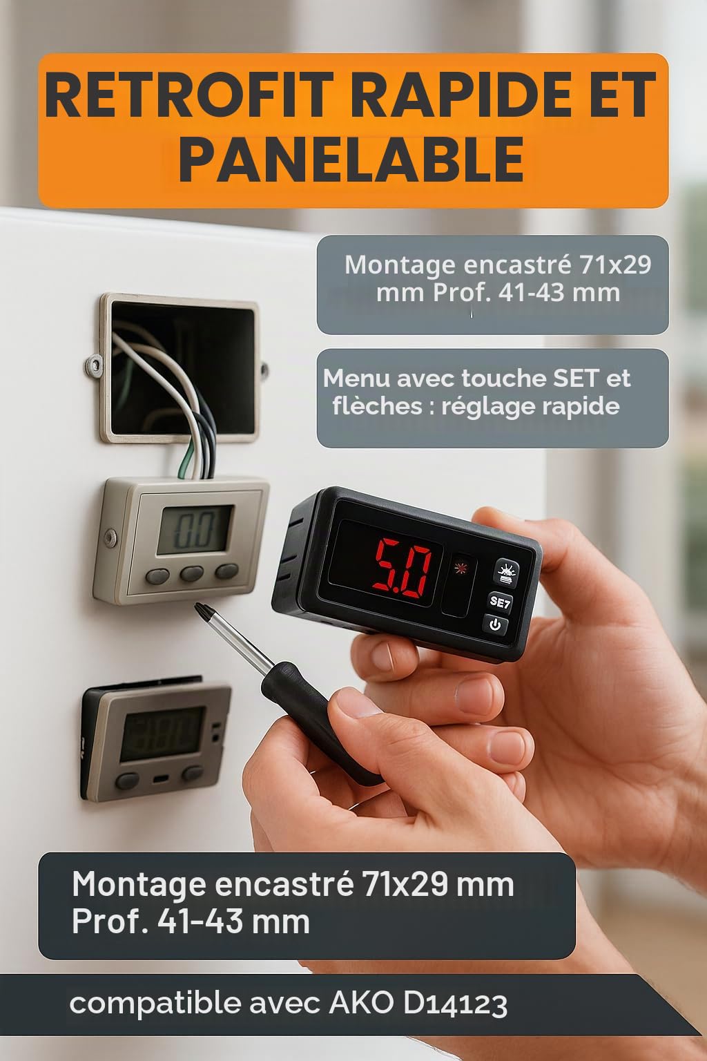 RO Linea Blanca Thermostat numérique panneau compatible avec AKO D14123 230 V 1 relais 16 A Plage -50 à 99 C Sonde NTC 1,5 m IP54 Mesure 71 x 29 Contrôle froid Chaleur Display LED pour caméras