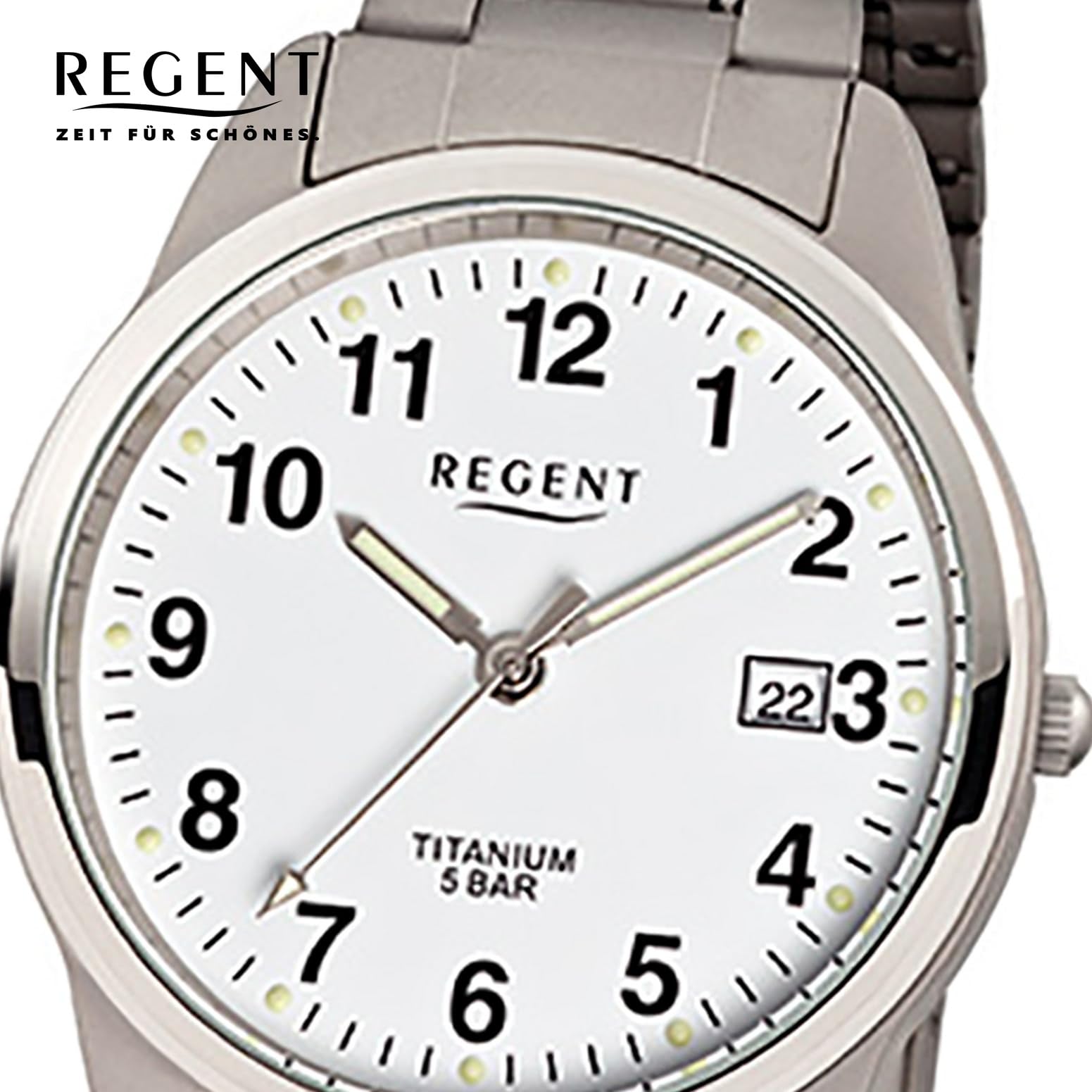 REGENT Herrenuhr mit Design Titan Glieder Armband und Titan Gehäuse 36 MM Durchmesser Quarz Arabische Zahlen Datum