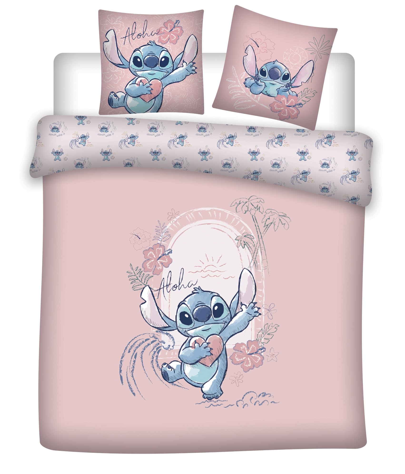Stitch Rose Aloha Housse de Couette 240x220 + 2 Taies Coton Disney | Parure de lit 2 personnes réversible | Coton naturel respirant | Disney officiel | Cadeau couple | Lavable en machine