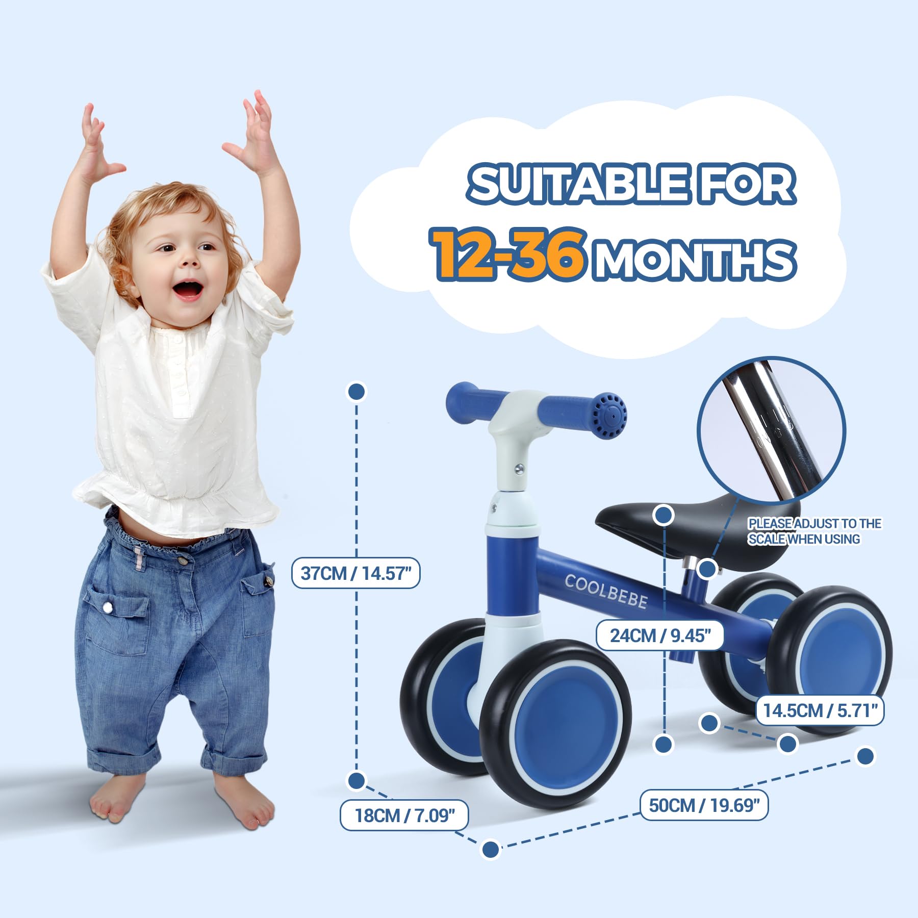 COOLBEBE Toddler Balance Bike for 1 Year Old Boys Girls Gift, 2 Years Toddler Balance Bike with 4 Silent Wheels, One Year Old Birthday Gift Baby for 12M-36M Pre-School (Blue)