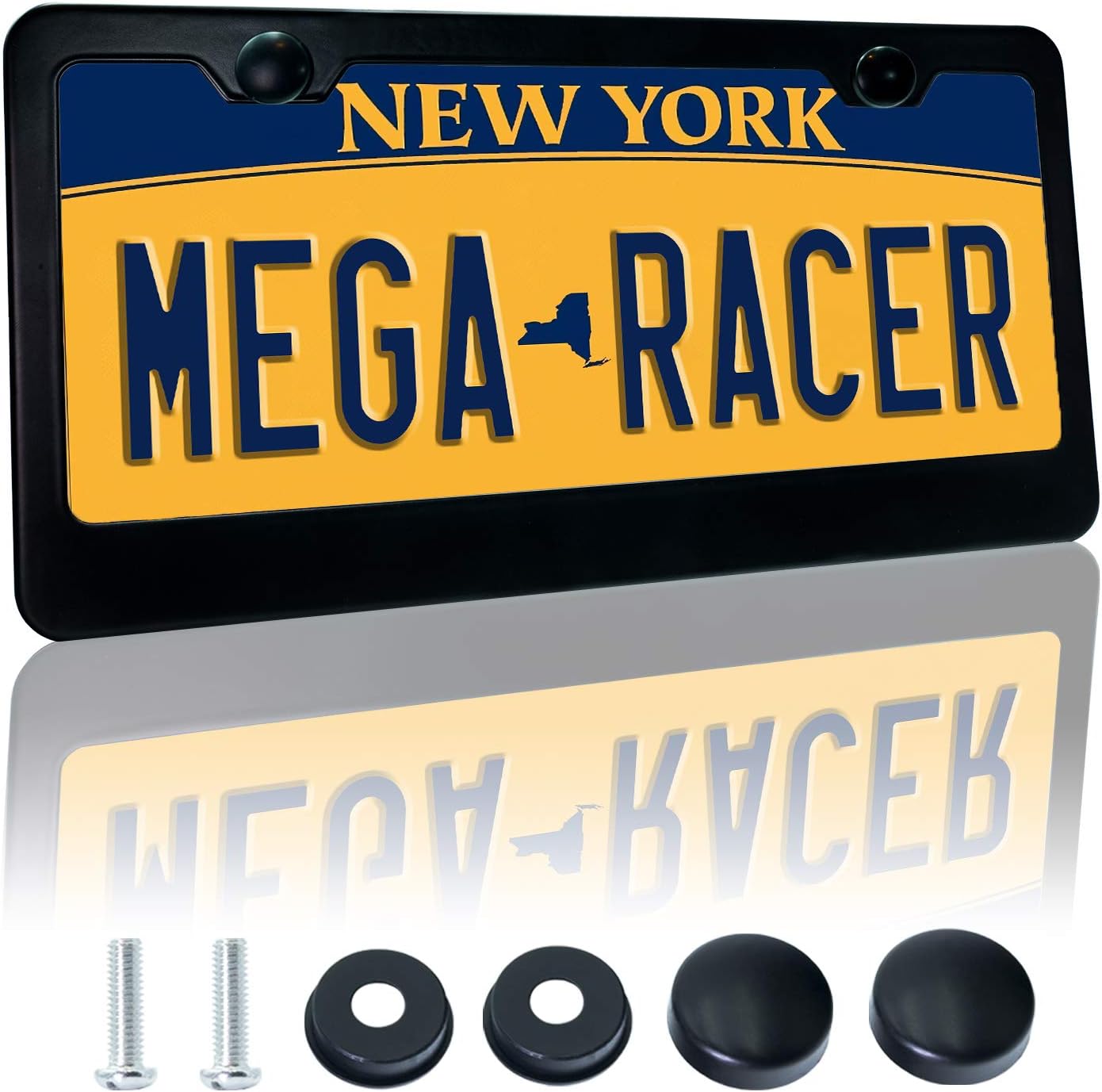 Mega Racer Black License Plate Frame - Aluminum Metal with 2 Screw Holes and Thin-Edge Design, UV Clear Coat Protection, Waterproof, Car Wash Safe, Pack of 1