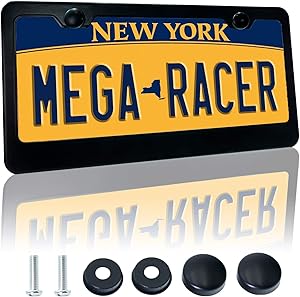 Mega Racer Black License Plate Frame - Aluminum Metal with 2 Screw Holes and Thin-Edge Design, UV Clear Coat Protection, Waterproof, Car Wash Safe, Pack of 1