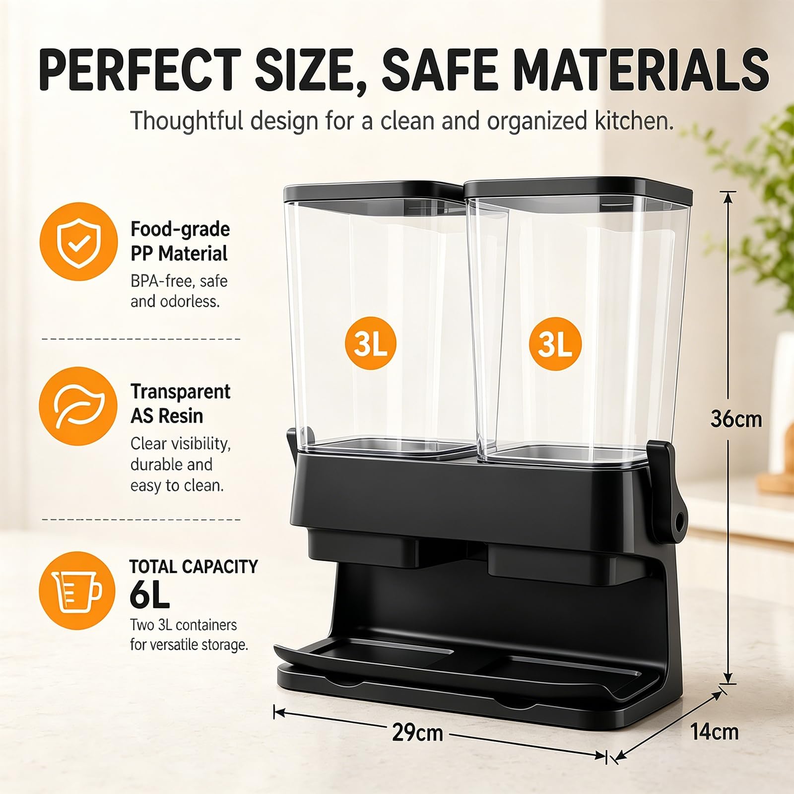 Juego de 2 dispensadores de cereales, recipiente de almacenamiento hermético doble de 3 L para cereales, caja transparente para frutos secos, granos de café y comida seca, recipiente de almacenamiento