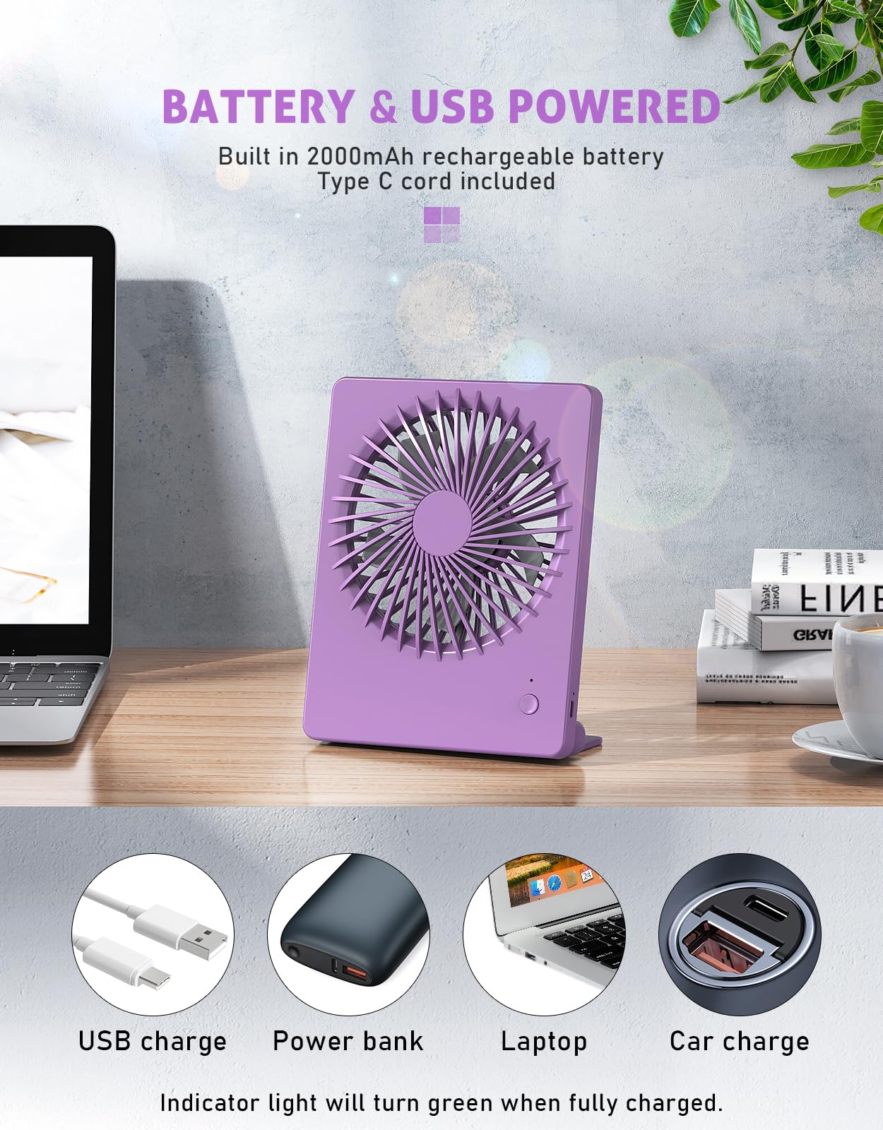 Zuvas Ventilatore da scrivania a batteria, ricaricabile, inclinabile a 180°, ultra silenzioso, piccolo, portatile, regolabile a 3 velocità, forte, ventilatore per ufficio, camera da letto, casa