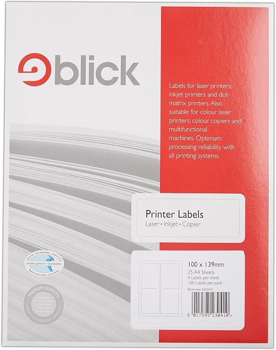 Blick Labels, White, 4 Per Sheet 25 Sheets, Rectangular, 100mm x 139mm, 100 Labels, For Home, Office, Family, School