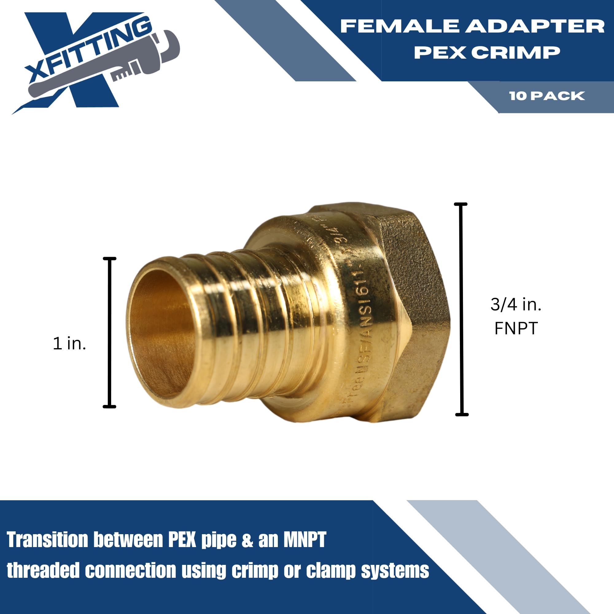 10-Pack 1" PEX-B To 3/4" Female NPT Adapters - Lead-Free Brass Crimp Fittings 12 thumbnail image