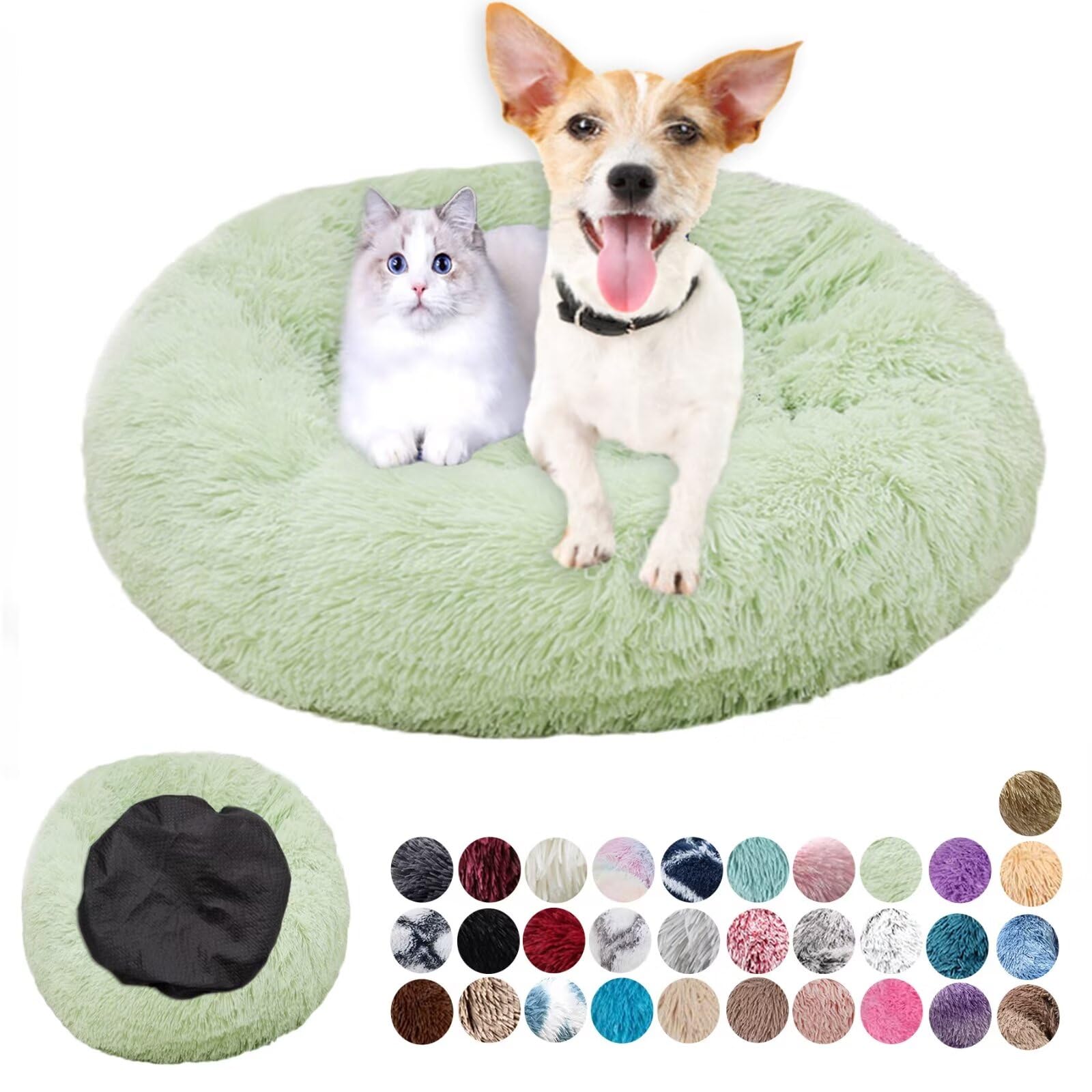 Soft Fluffy Round Dog Houses - Plush Anti Anxiety & Anti-Slip Cat Bed, Easily Washable, Warm, Small-Medium-Large, Light Green, 70cm