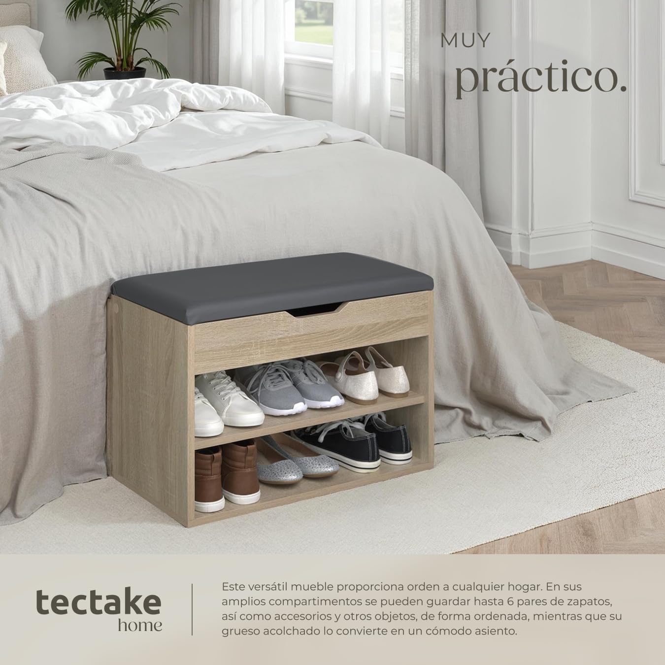 tectake® Zapatero Madera con Cojín Extraíble, Estanteria Zapatero Ajustable, Mueble Entrada Recibidor, Organizador Zapatos, Banco para Guardar Zapatos - Madera Clara, Roble Sonoma