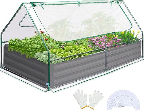 Quictent juego de cama de cultivo elevada y galvanizada con cubierta de metal, con 2ventanas, pequeño invernadero, con 20etiquetas y guantes, para