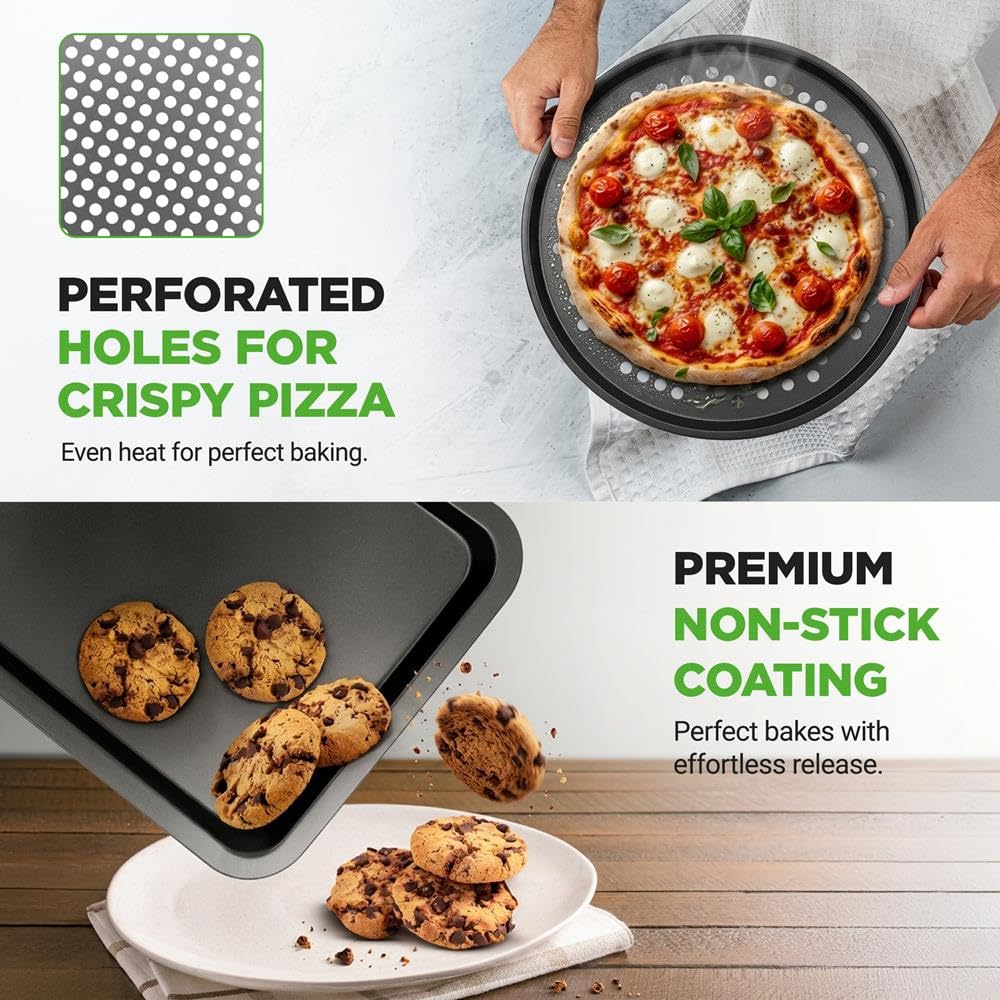 Nutrichef Lot de 10 plaques de cuisson antiadhésives pour four, plaques à biscuits, plaques à biscuits, carrées, rondes, en acier carbone, pour pain, pizza, cupcakes, passent au lave-vaisselle, noir