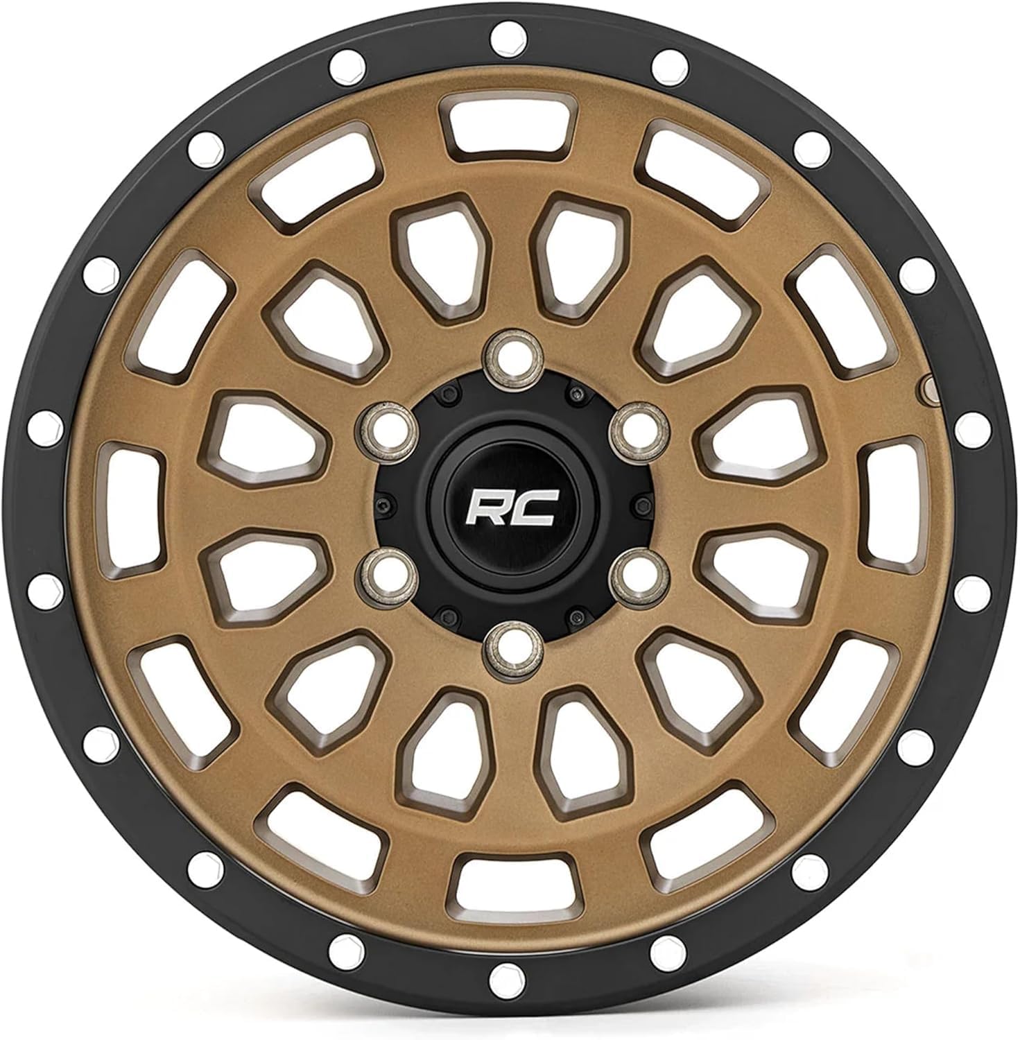 Rough Country 87 Series 17x8.5 Bronze Aluminum Wheel with Black Ring & Simulated Beadlock - 5x4.5 Bolt Pattern, +0mm Offset, Durable One-Piece Rim for Trucks & Jeeps