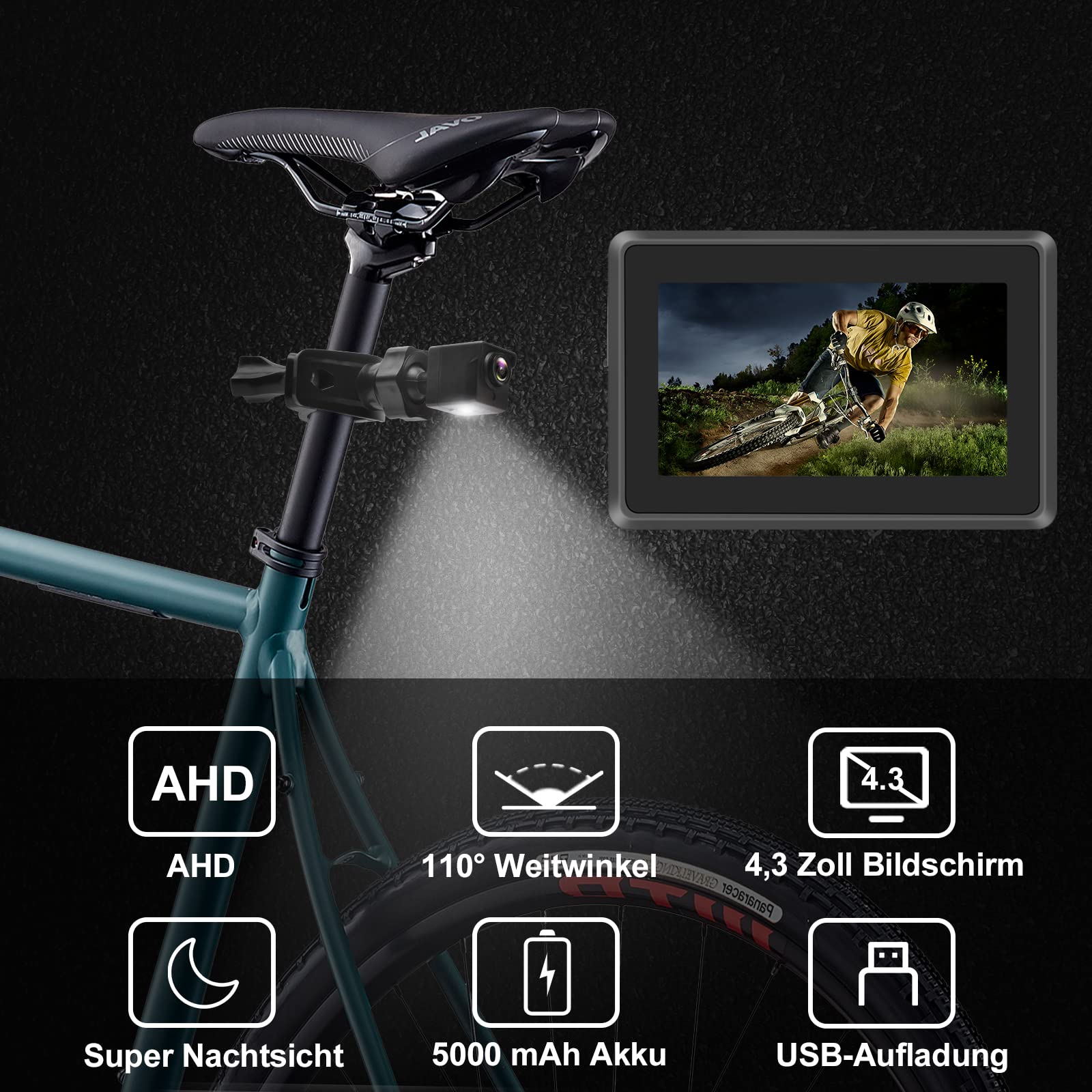 Fahrrad Rückfahrkamera HD mit Nachtsicht & 110° Weitwinkel | Universelle Lenkerspiegel-Kamera für E-Bike, Mountainbike, Rennrad (Plug & Play, kabelgebunden, Lenker Ø 20–30 mm)