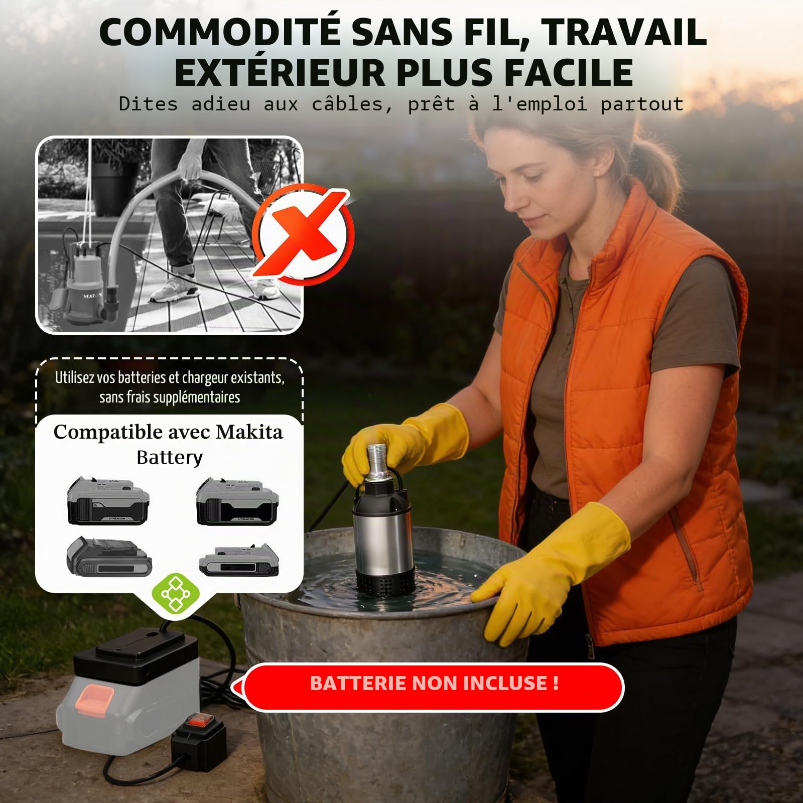 Pompe à Eau Electrique, Submersible Pompe Vide Cave 21V, Compatible avec Makita 18V Batterie, Débit Puissant 4800L/H, Hauteur de Refoulement 5-8m, pour Jardin, Irrigation Agricole, Drainage
